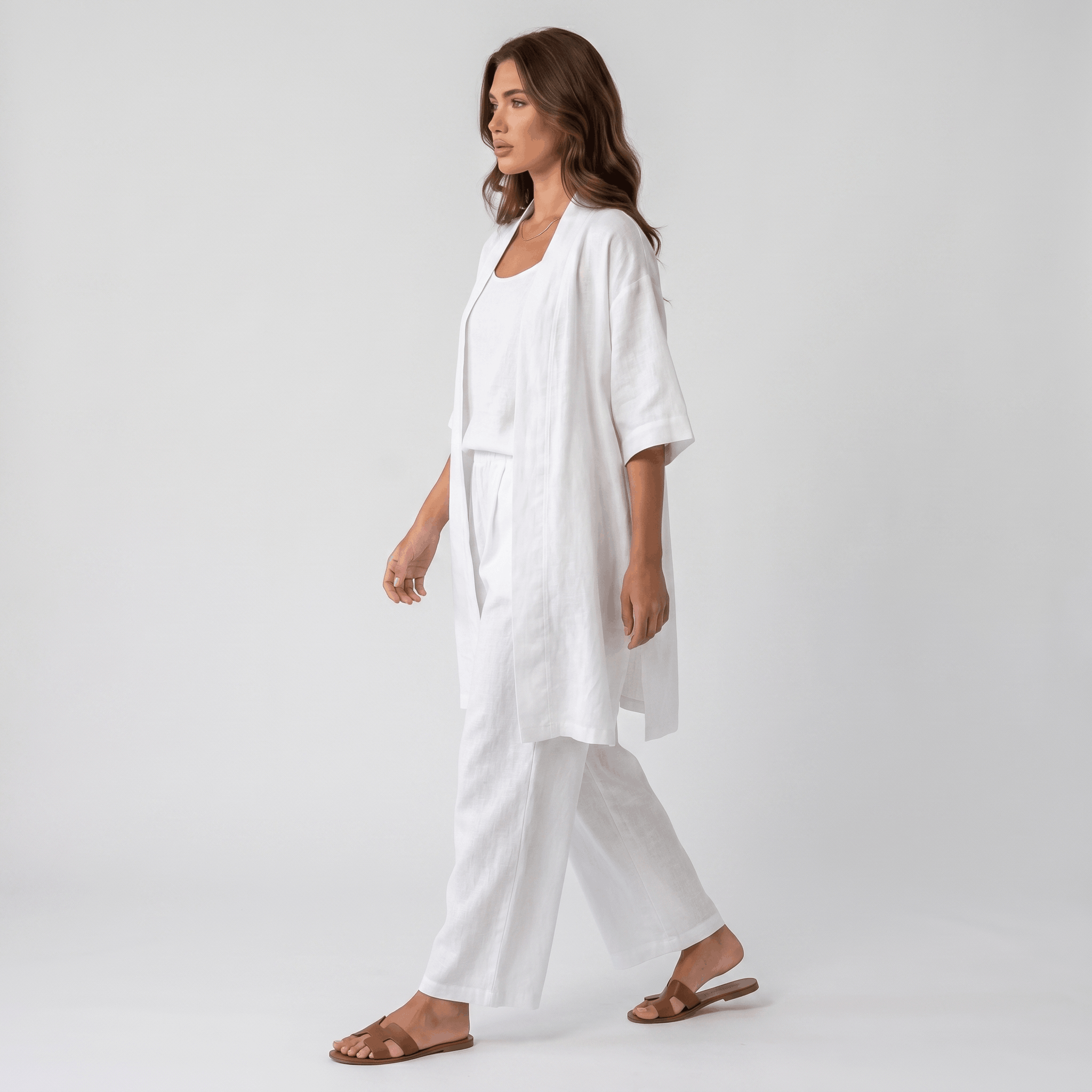 Livia Linen Cotton Three-Piece Set – Open Cardigan Sleeveless Top Wide-Leg Coordinate