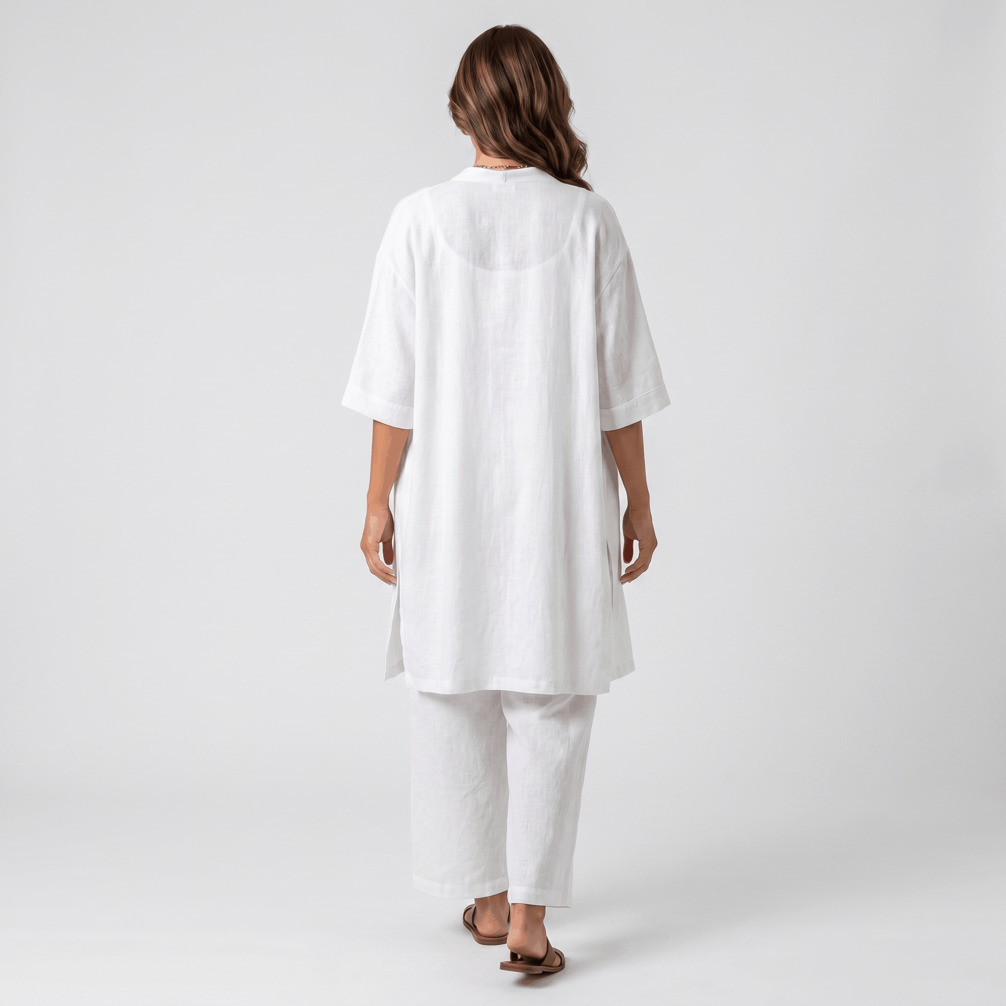 Livia Linen Cotton Three-Piece Set – Open Cardigan Sleeveless Top Wide-Leg Coordinate