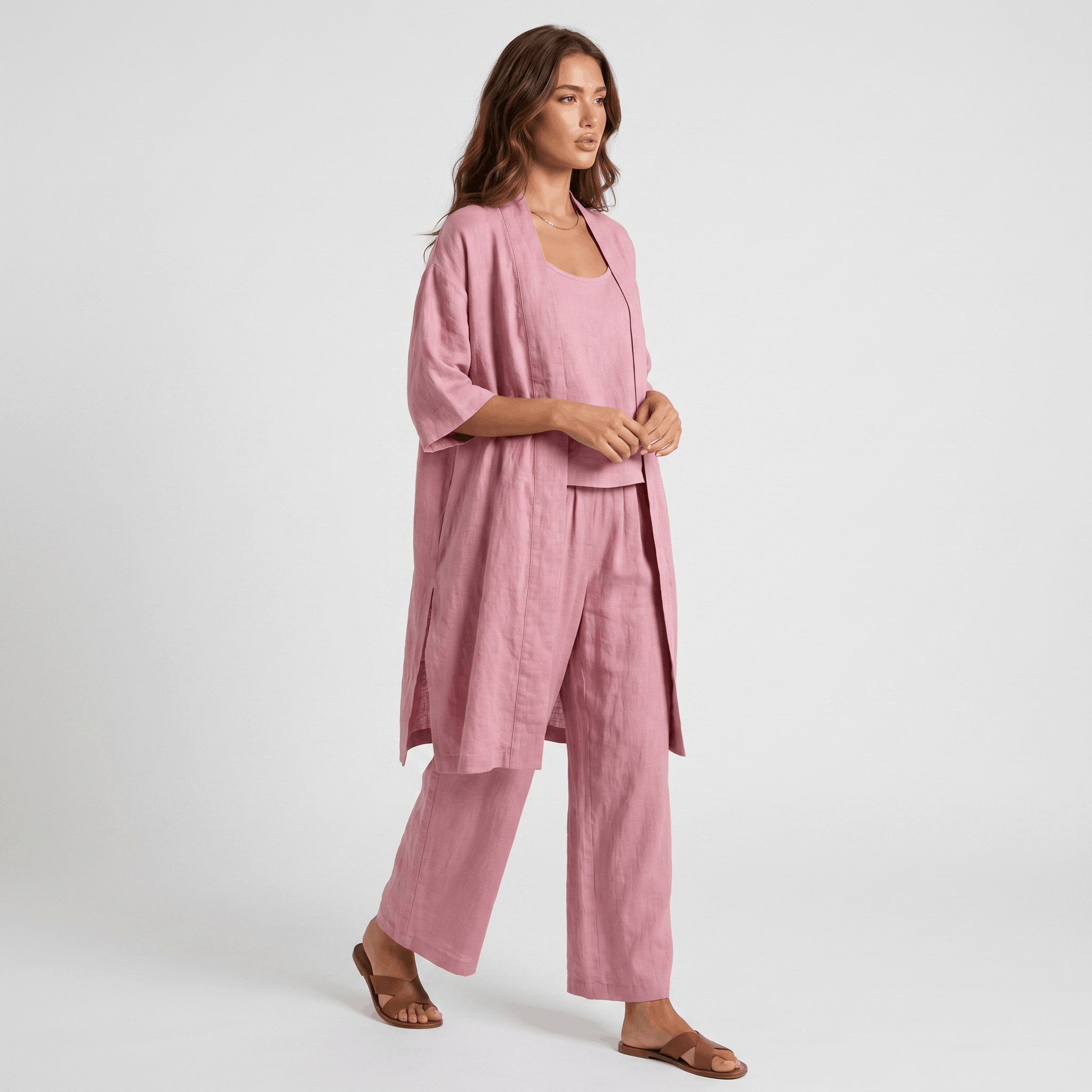 Livia Linen Cotton Three-Piece Set – Open Cardigan Sleeveless Top Wide-Leg Coordinate