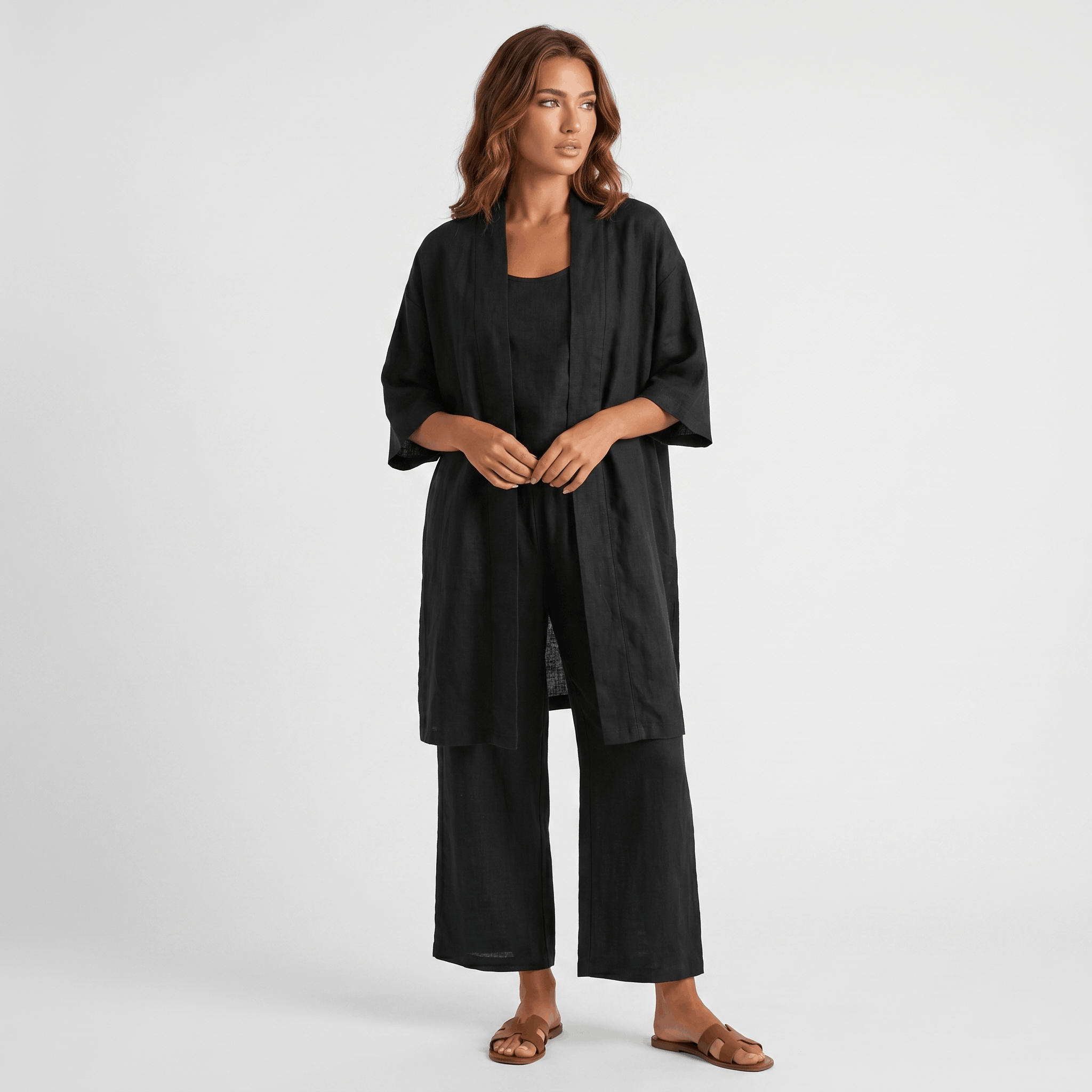 Livia Linen Cotton Three-Piece Set – Open Cardigan Sleeveless Top Wide-Leg Coordinate