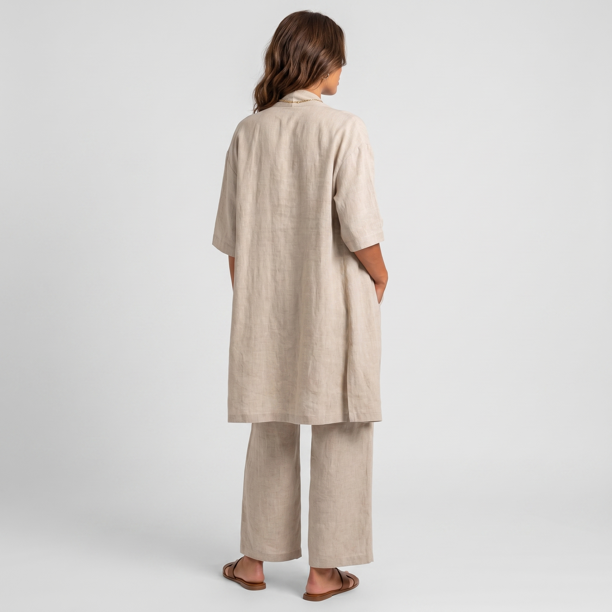 Livia Linen Cotton Three-Piece Set – Open Cardigan Sleeveless Top Wide-Leg Coordinate