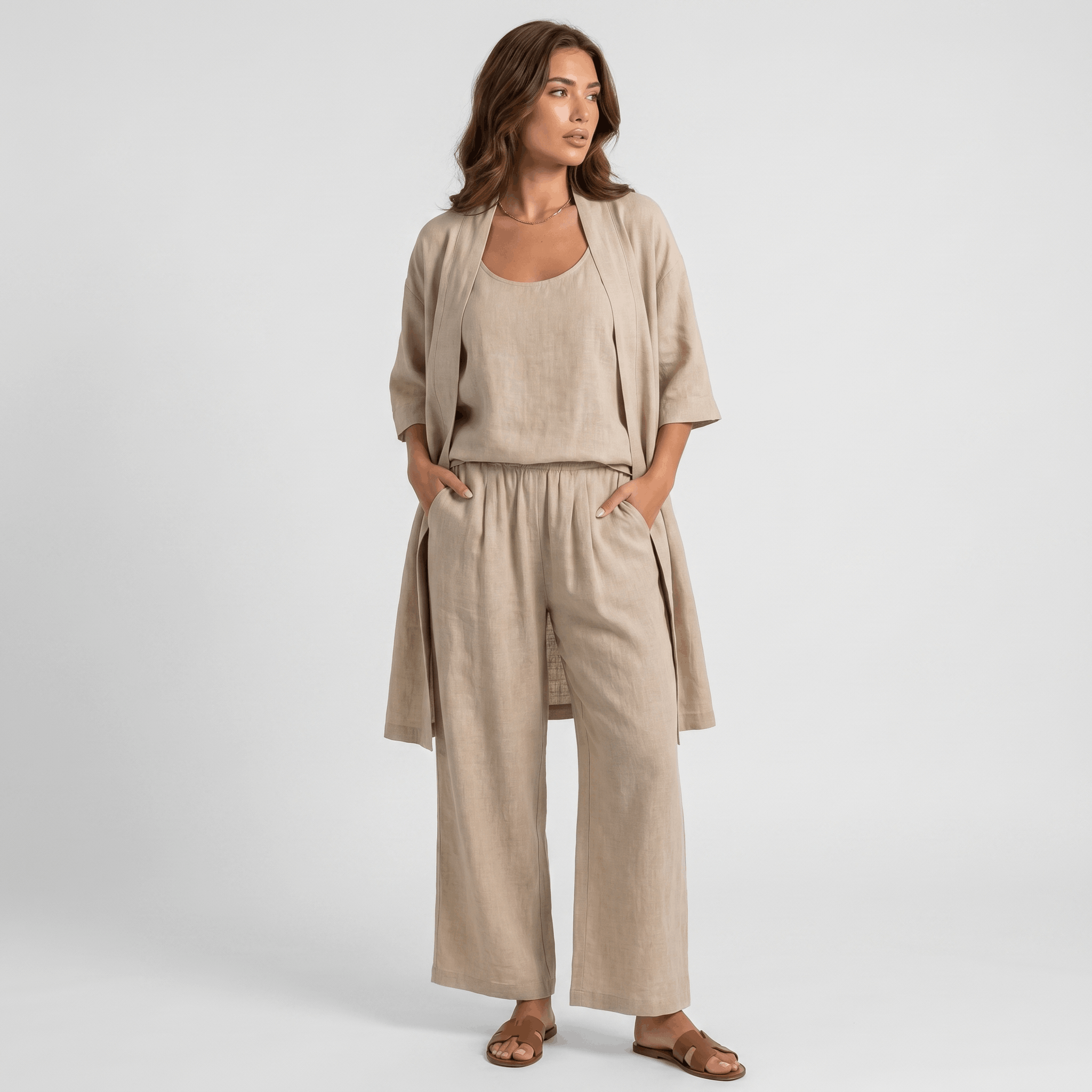 Livia Linen Cotton Three-Piece Set – Open Cardigan Sleeveless Top Wide-Leg Coordinate