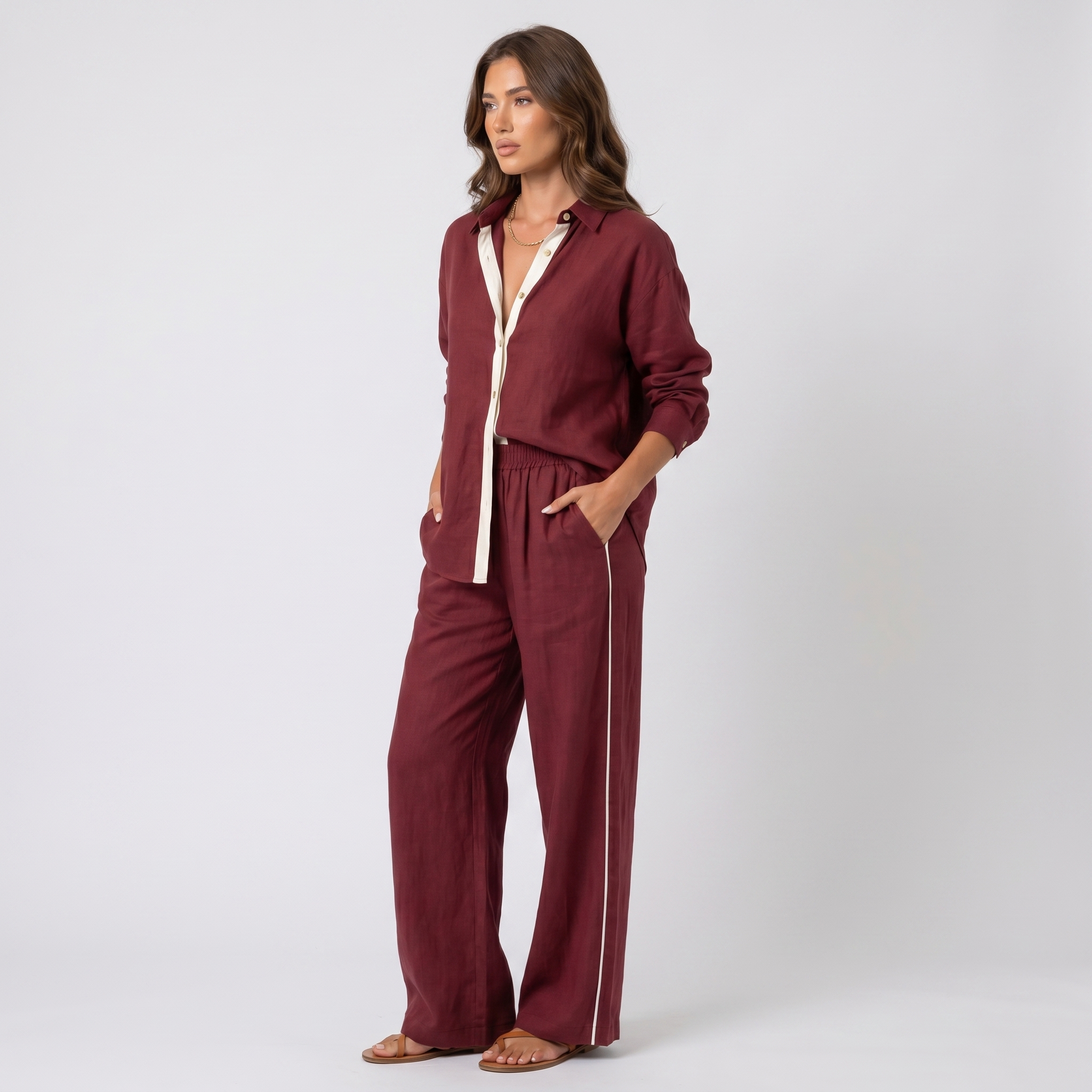 Selene Linen Two-Piece Wide-Leg Set – Single-Breasted Contrast-Trim Elastic-Waist Coordinate