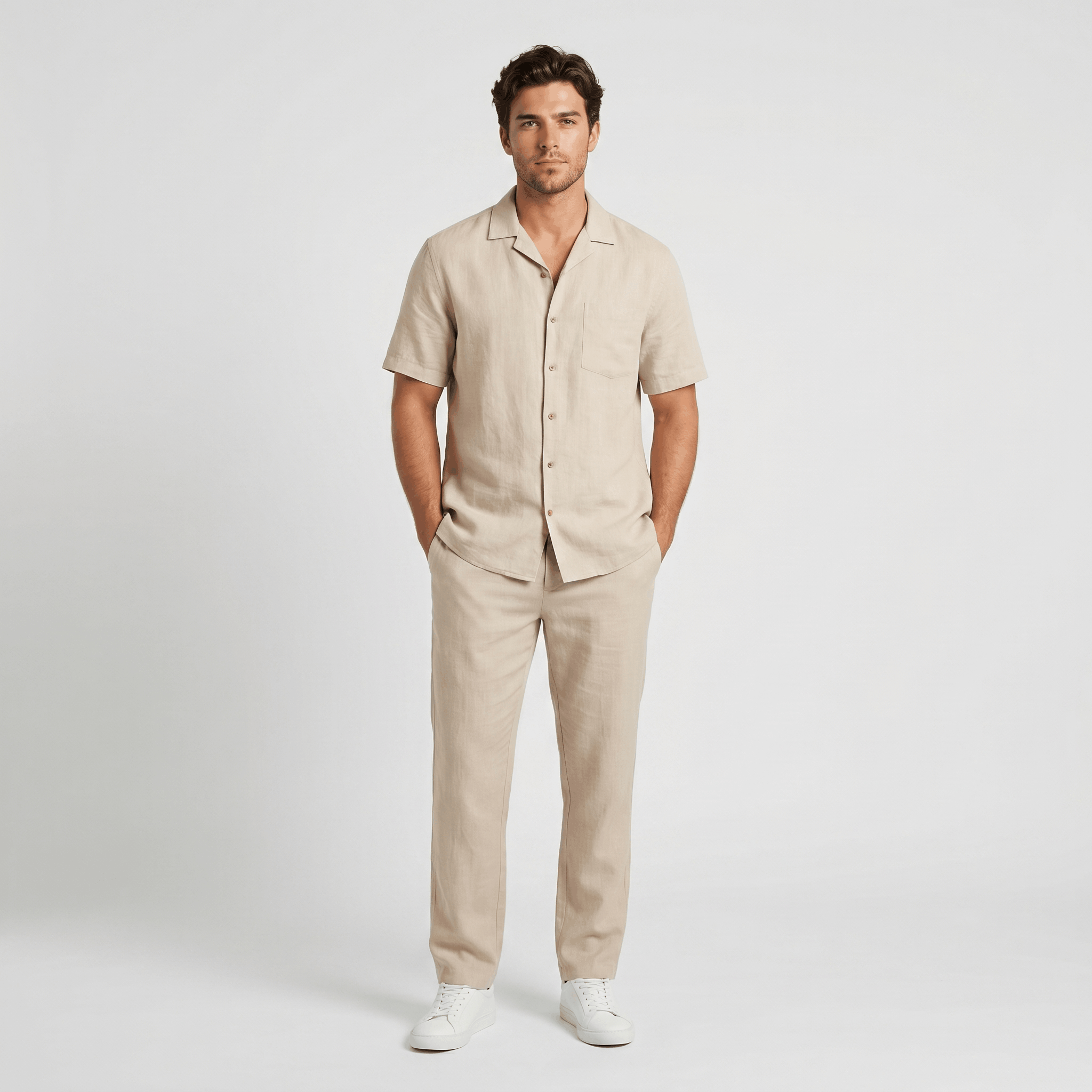 Marco Linen Blend Two-Piece Trouser Set – Cuban Collar Short-Sleeve Relaxed Ensemble