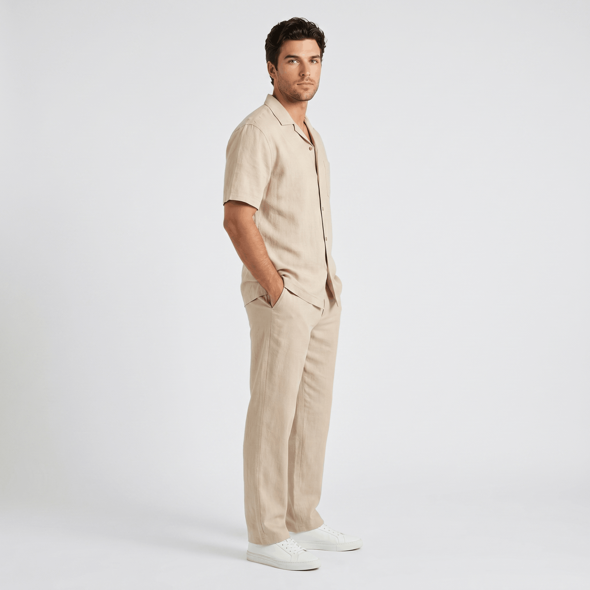 Marco Linen Blend Two-Piece Trouser Set – Cuban Collar Short-Sleeve Relaxed Ensemble