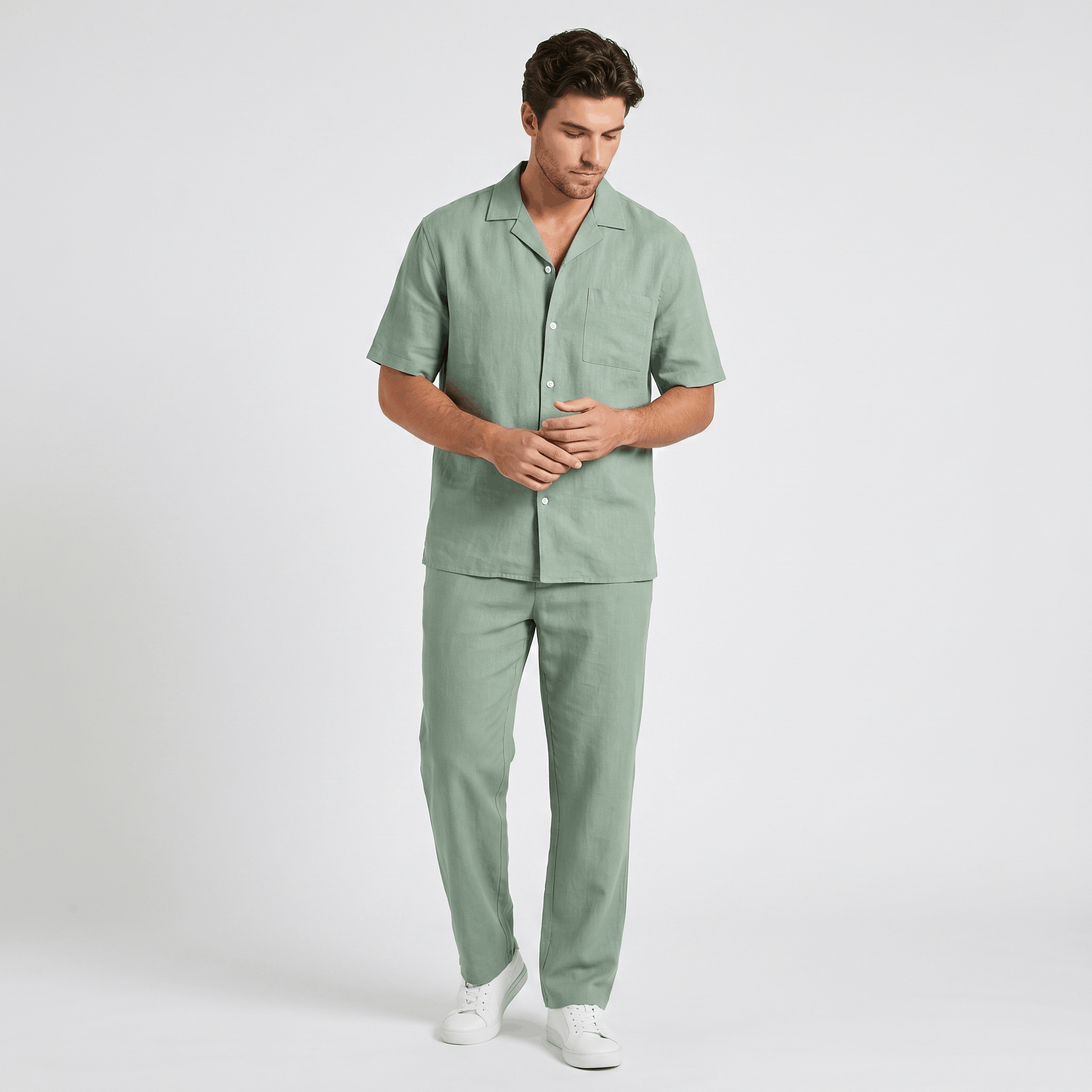 Marco Linen Blend Two-Piece Trouser Set – Cuban Collar Short-Sleeve Relaxed Ensemble