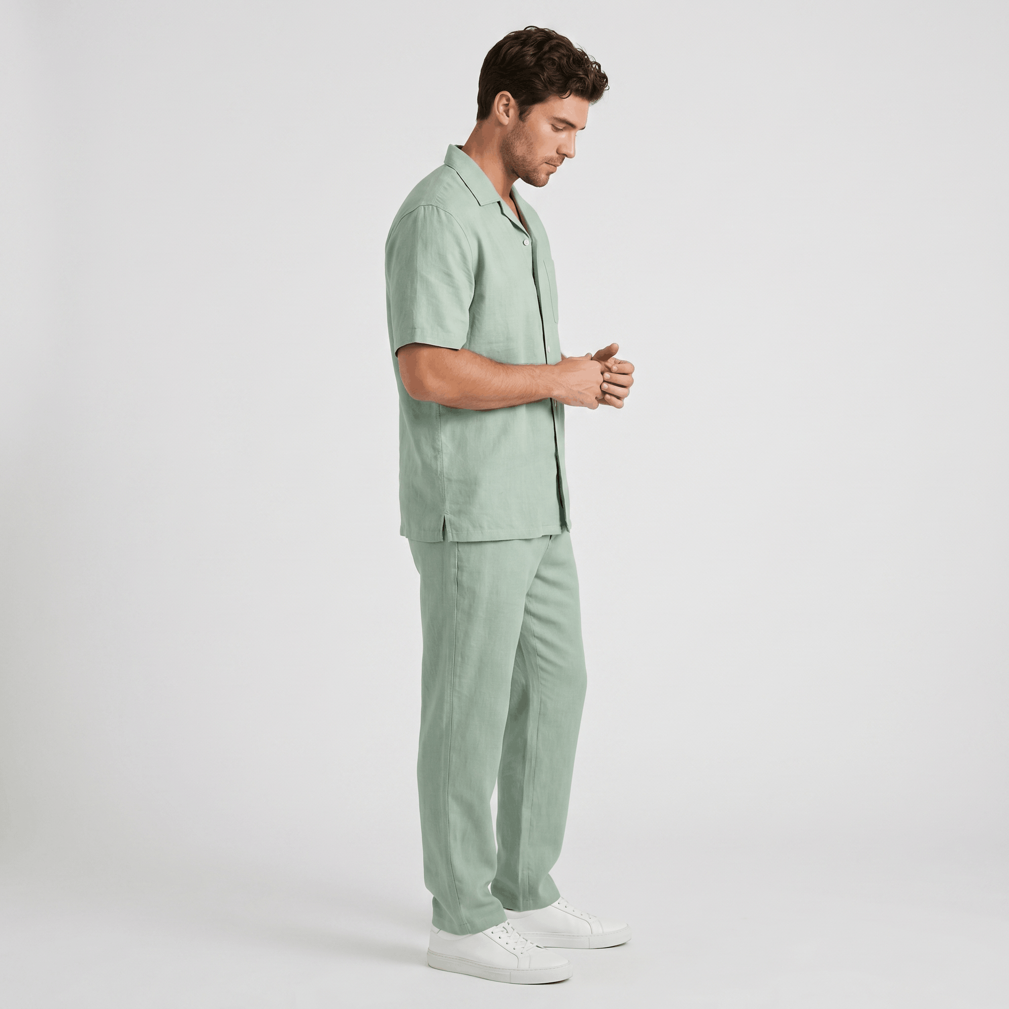 Marco Linen Blend Two-Piece Trouser Set – Cuban Collar Short-Sleeve Relaxed Ensemble