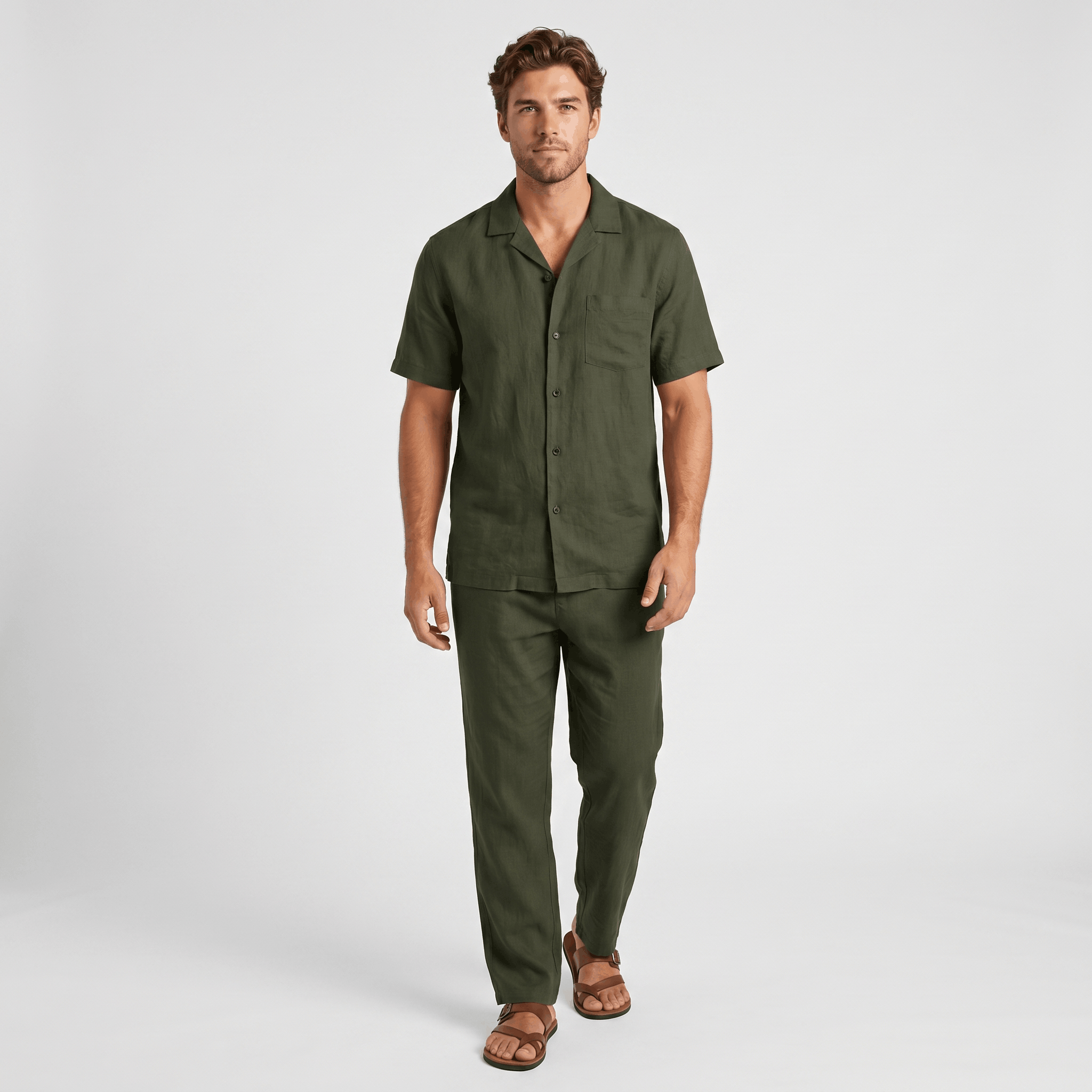 Marco Linen Blend Two-Piece Trouser Set – Cuban Collar Short-Sleeve Relaxed Ensemble