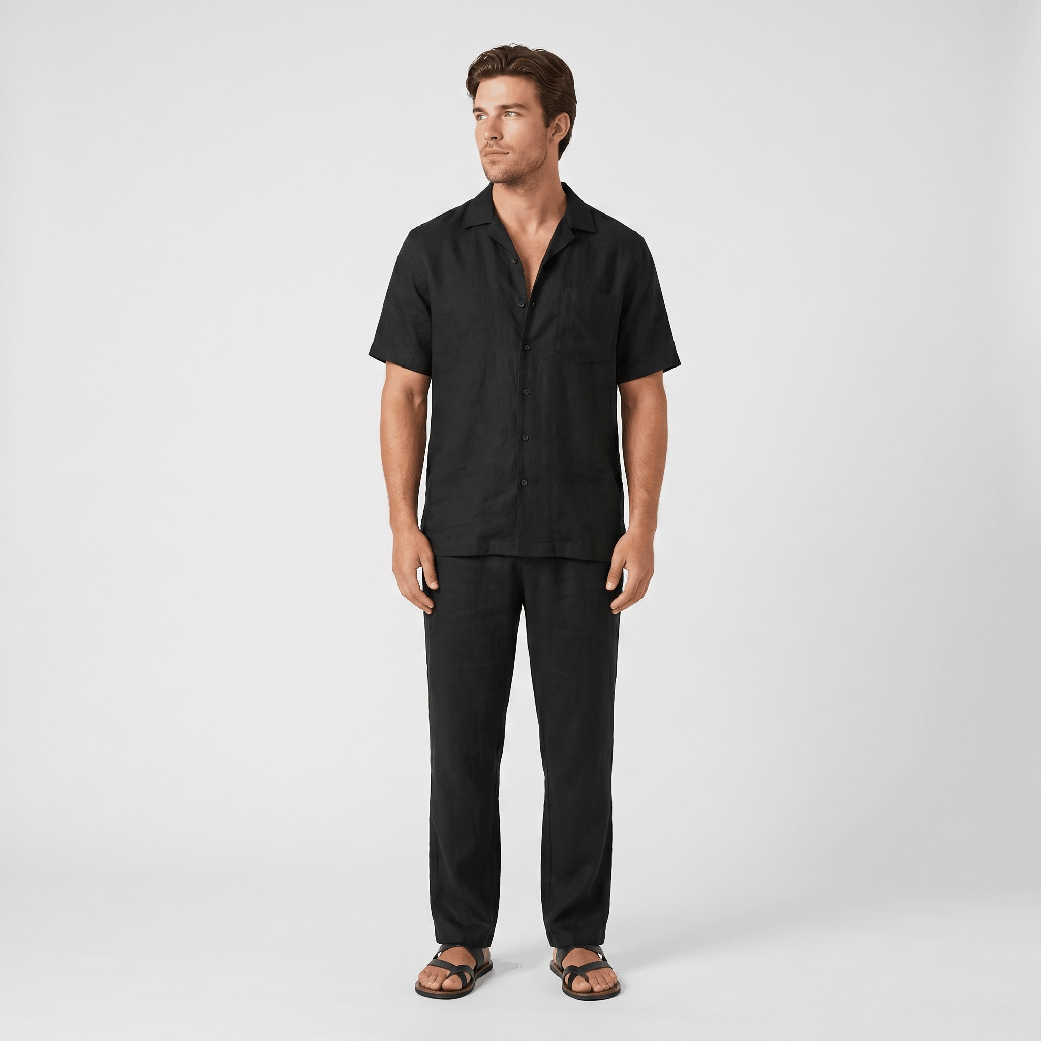 Marco Linen Blend Two-Piece Trouser Set – Cuban Collar Short-Sleeve Relaxed Ensemble