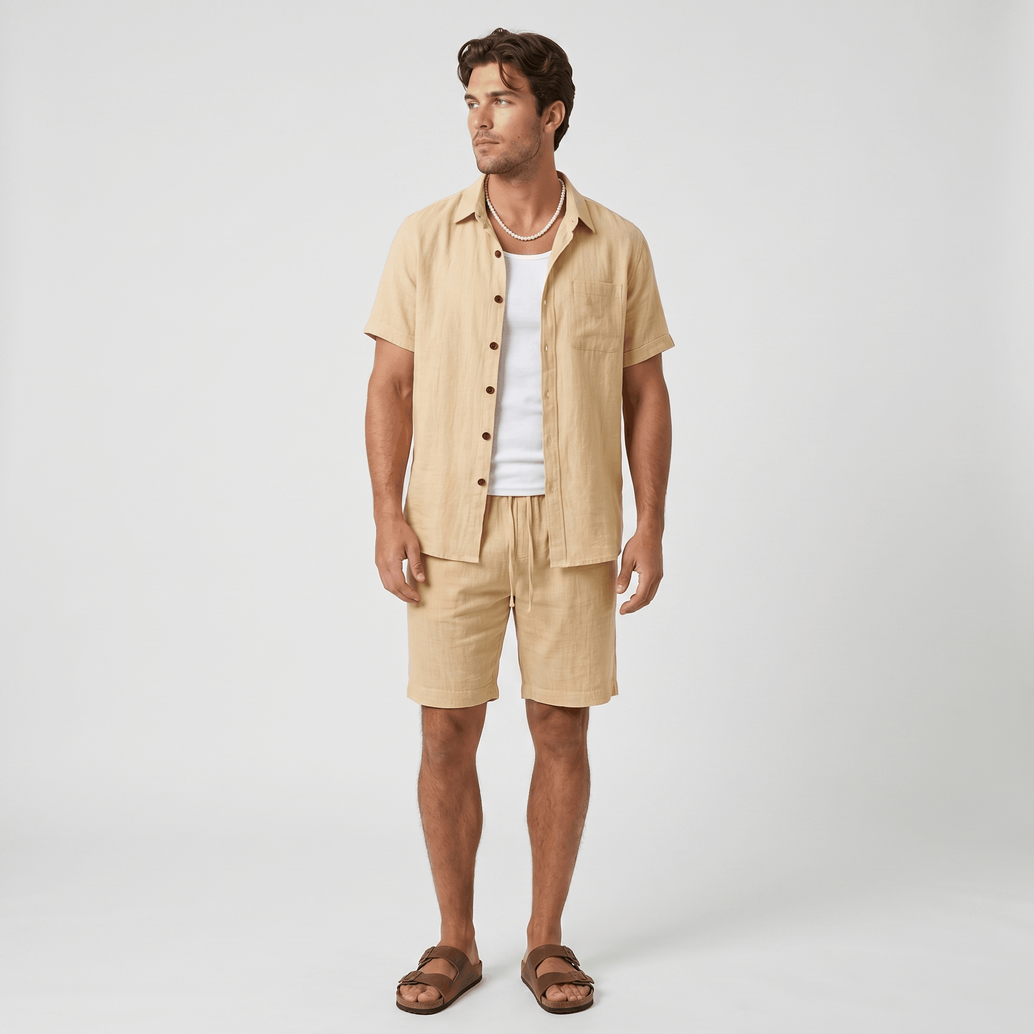 Roderick Linen Shirt Bottoms Co-Ord – Button-Front Regular-Fit Elastic-Waist Set