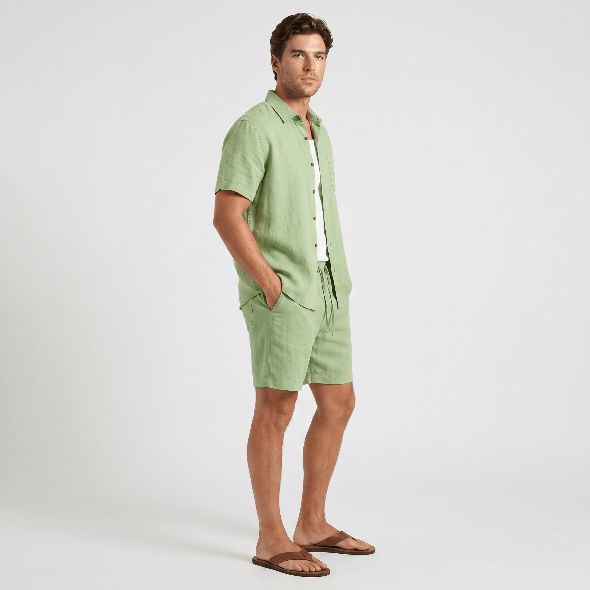 Roderick Linen Shirt Bottoms Co-Ord – Button-Front Regular-Fit Elastic-Waist Set