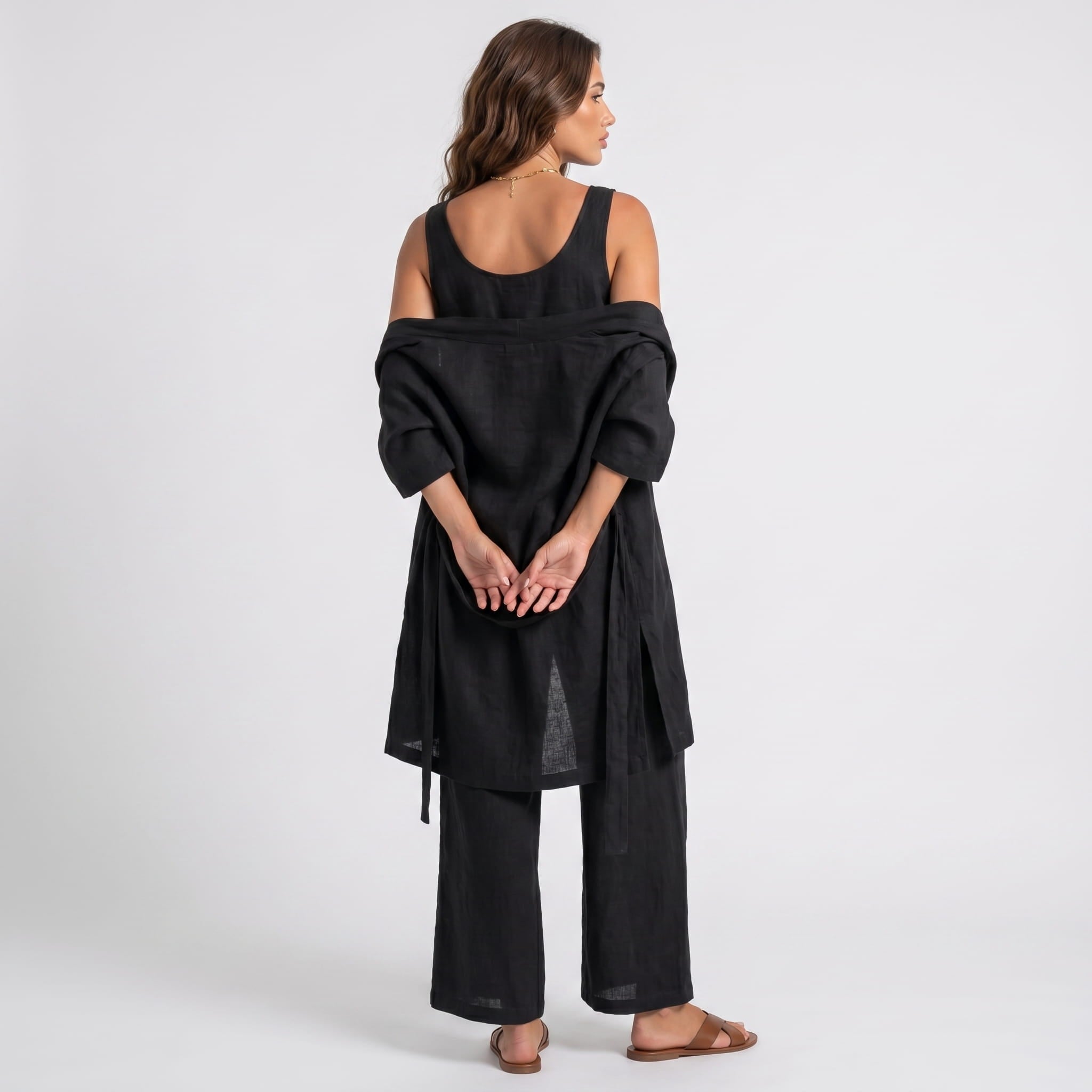 Livia Linen Cotton Three-Piece Set – Open Cardigan Sleeveless Top Wide-Leg Coordinate