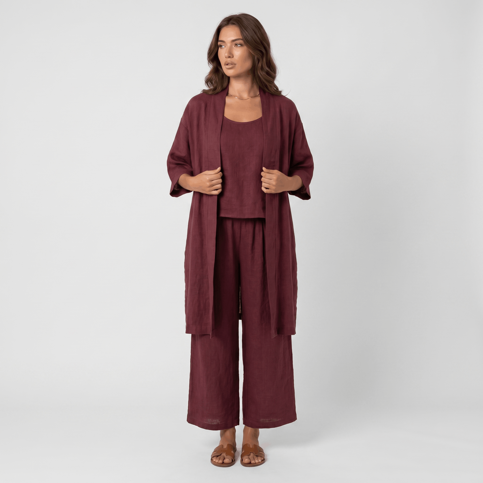 Livia Linen Cotton Three-Piece Set – Open Cardigan Sleeveless Top Wide-Leg Coordinate