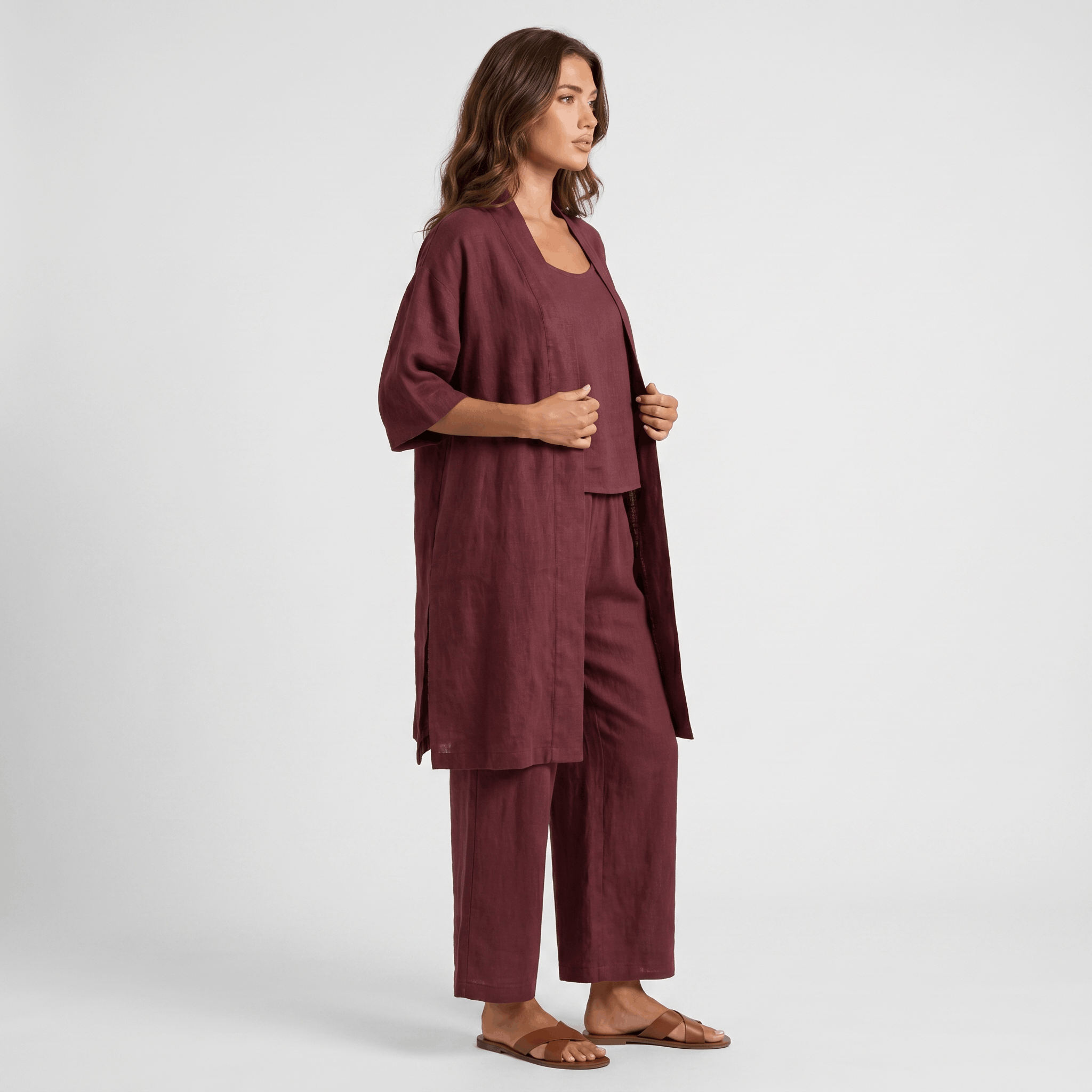 Livia Linen Cotton Three-Piece Set – Open Cardigan Sleeveless Top Wide-Leg Coordinate