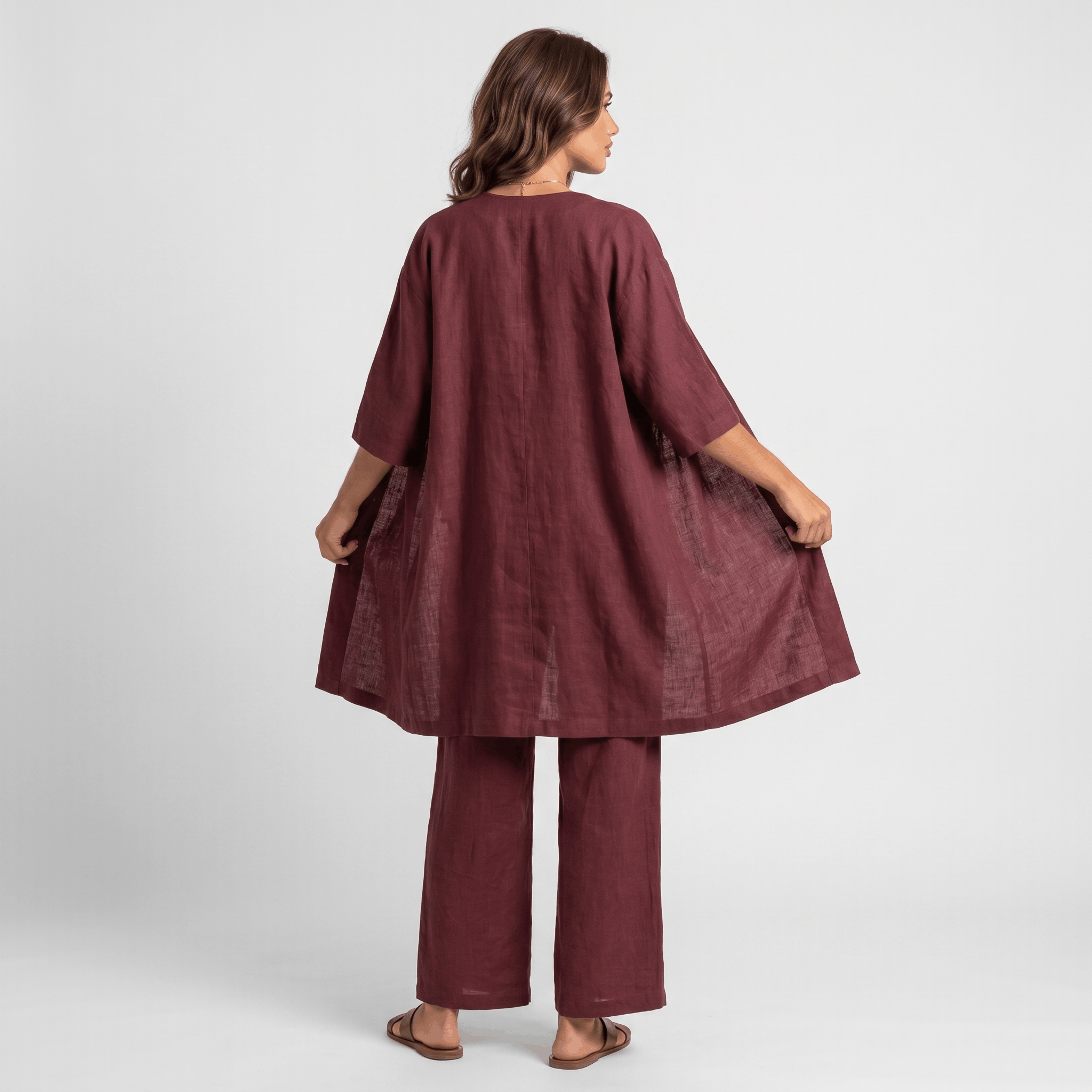 Livia Linen Cotton Three-Piece Set – Open Cardigan Sleeveless Top Wide-Leg Coordinate