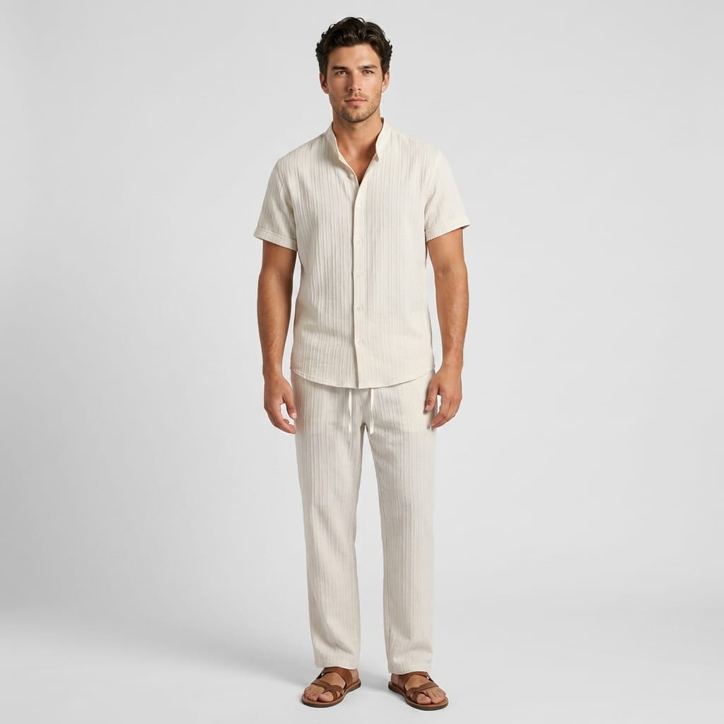 Joshua Textured Linen Set – Vertical Ribbed Relaxed Summer Two-Piece Outfit