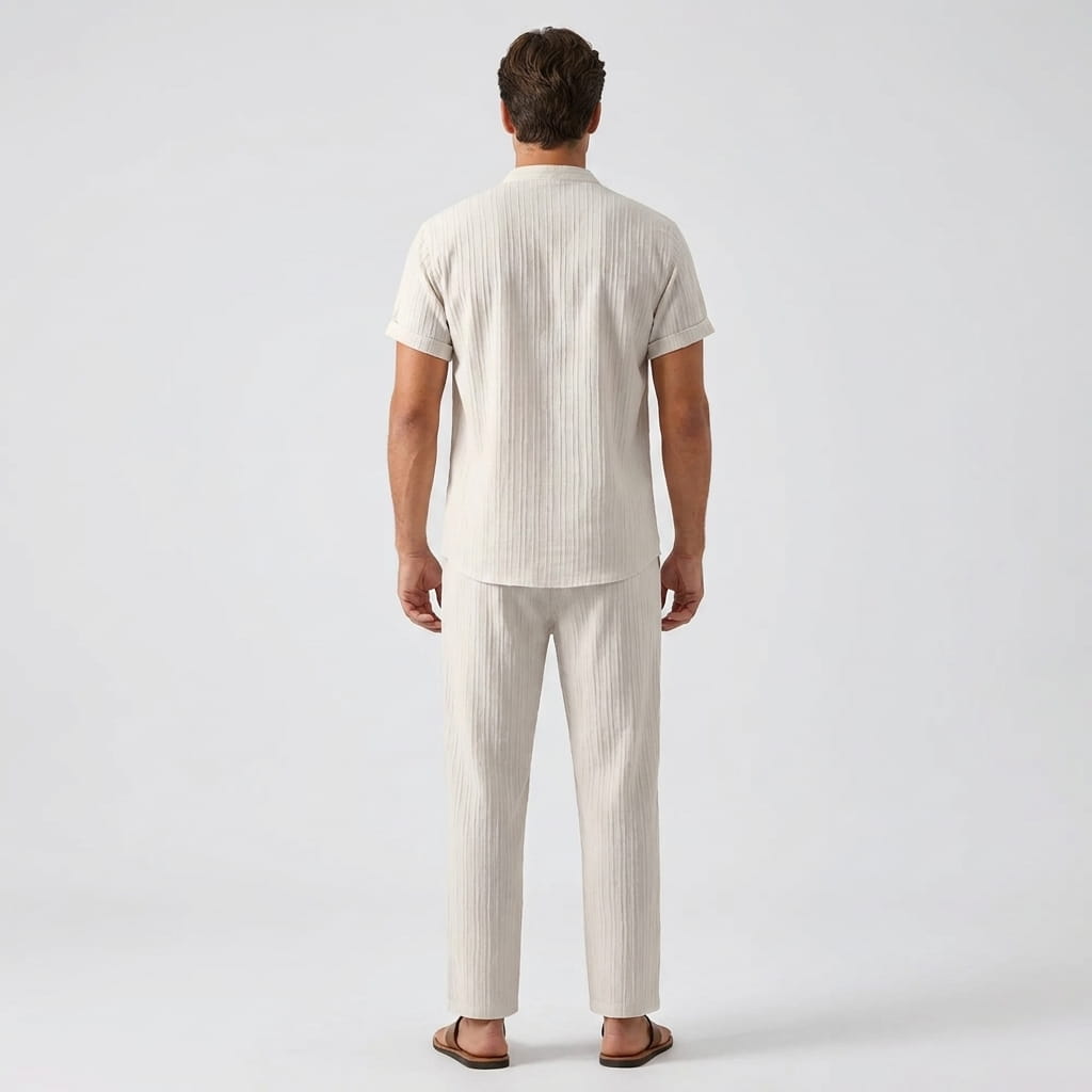 Joshua Textured Linen Set – Vertical Ribbed Relaxed Summer Two-Piece Outfit