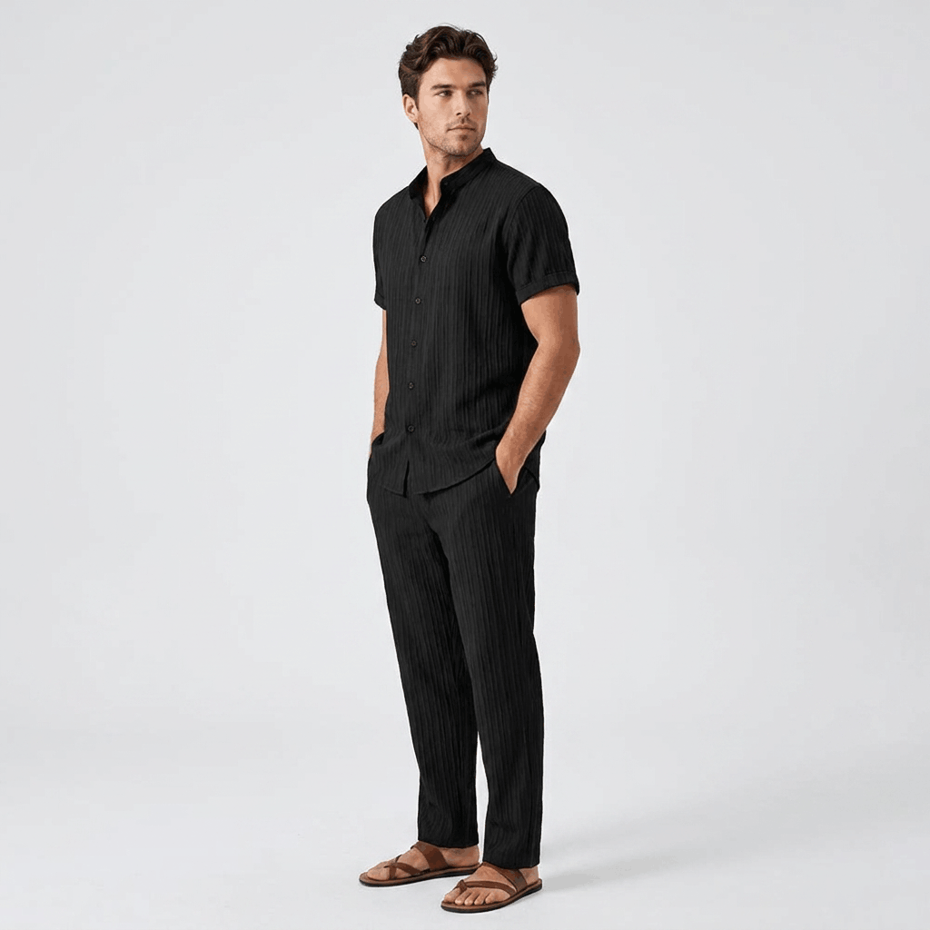 Joshua Textured Linen Set – Vertical Ribbed Relaxed Summer Two-Piece Outfit