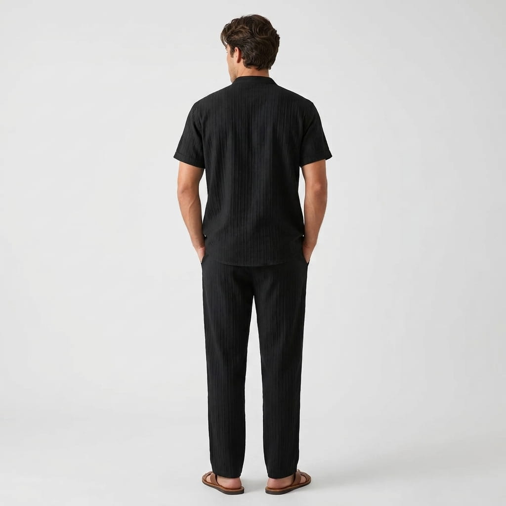 Joshua Textured Linen Set – Vertical Ribbed Relaxed Summer Two-Piece Outfit