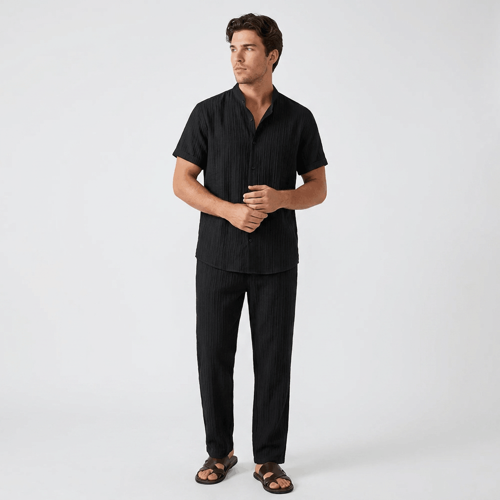 Joshua Textured Linen Set – Vertical Ribbed Relaxed Summer Two-Piece Outfit