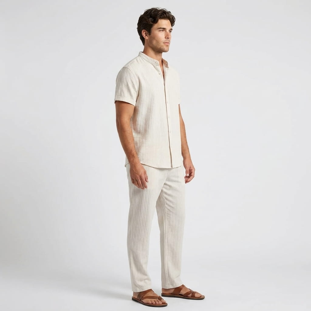 Joshua Textured Linen Set – Vertical Ribbed Relaxed Summer Two-Piece Outfit