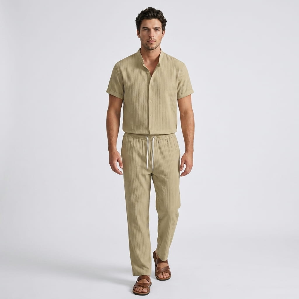 Joshua Textured Linen Set – Vertical Ribbed Relaxed Summer Two-Piece Outfit