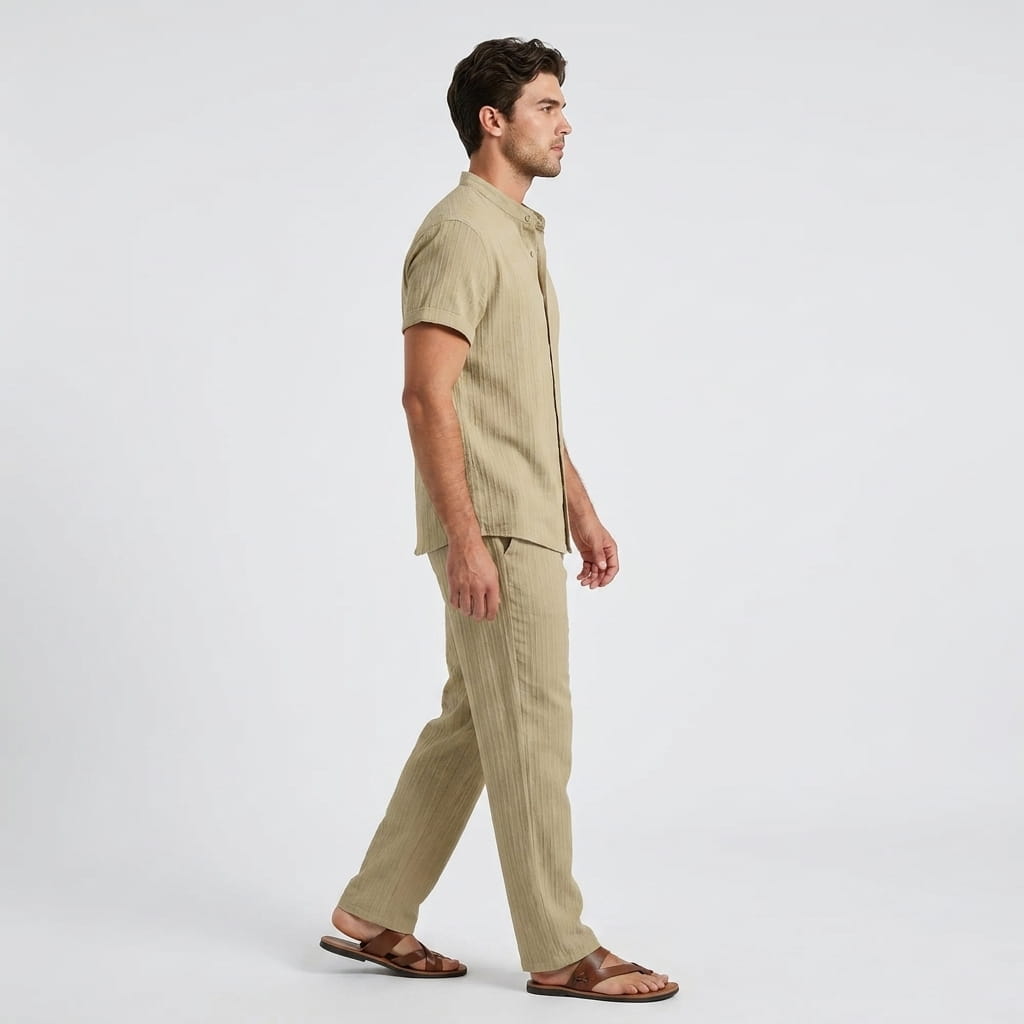 Joshua Textured Linen Set – Vertical Ribbed Relaxed Summer Two-Piece Outfit