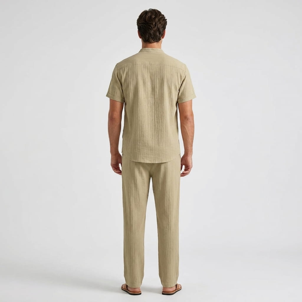 Joshua Textured Linen Set – Vertical Ribbed Relaxed Summer Two-Piece Outfit