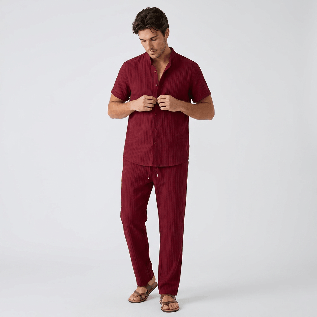 Joshua Textured Linen Set – Vertical Ribbed Relaxed Summer Two-Piece Outfit