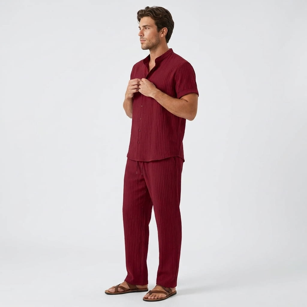 Joshua Textured Linen Set – Vertical Ribbed Relaxed Summer Two-Piece Outfit