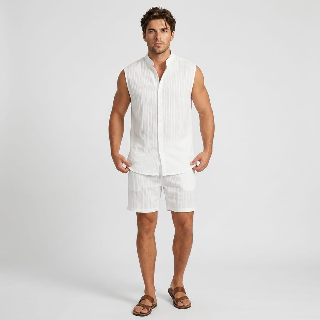 Ronnel Jacquard Linen Set – Sleeveless Textured Relaxed Summer Two-Piece Outfit