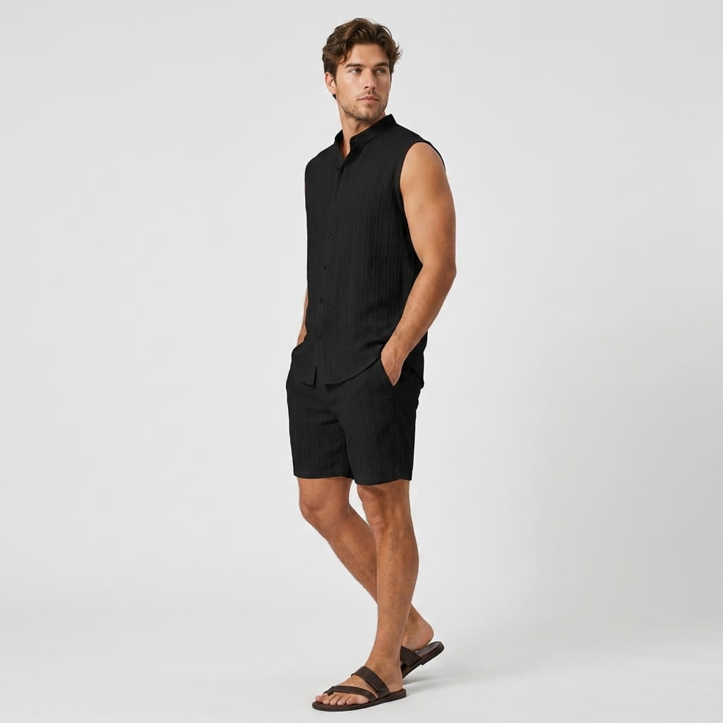 Ronnel Jacquard Linen Set – Sleeveless Textured Relaxed Summer Two-Piece Outfit