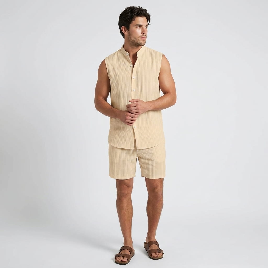 Ronnel Jacquard Linen Set – Sleeveless Textured Relaxed Summer Two-Piece Outfit