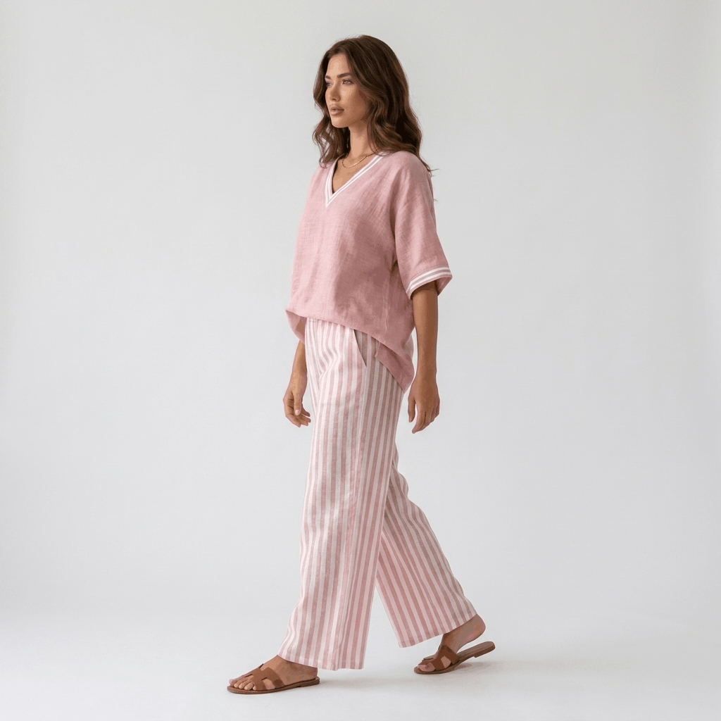 Alira Cotton Linen Matching Set – Striped Relaxed Wide-Leg Summer Co-Ord