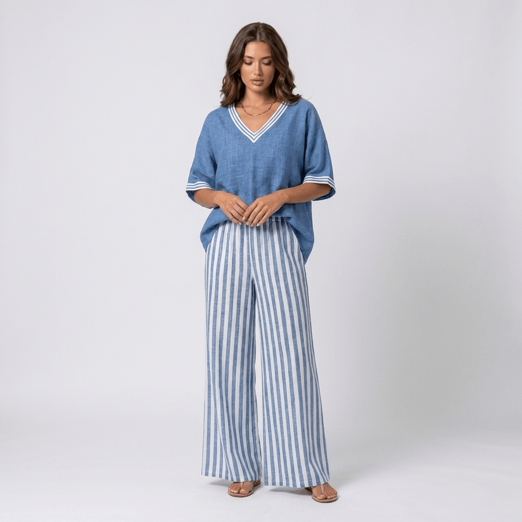Alira Cotton Linen Matching Set – Striped Relaxed Wide-Leg Summer Co-Ord