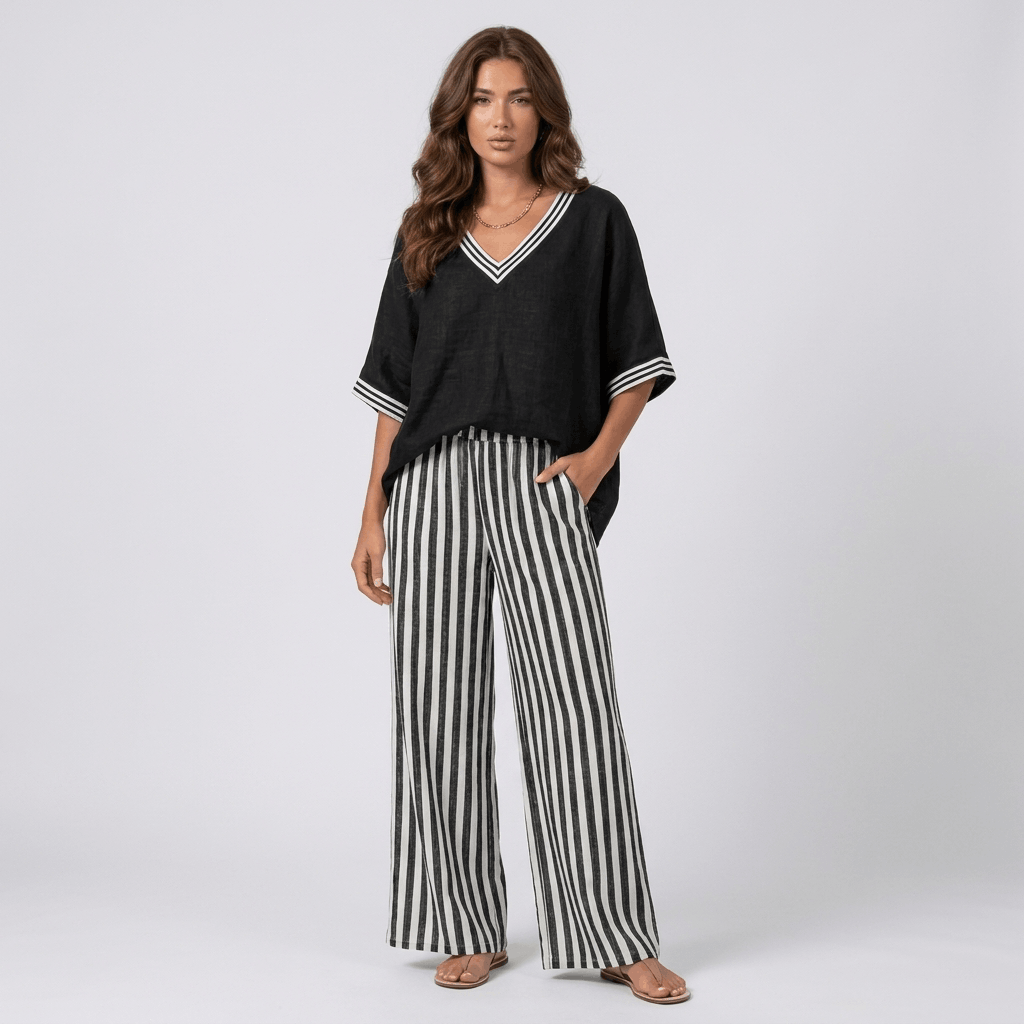 Alira Cotton Linen Matching Set – Striped Relaxed Wide-Leg Summer Co-Ord