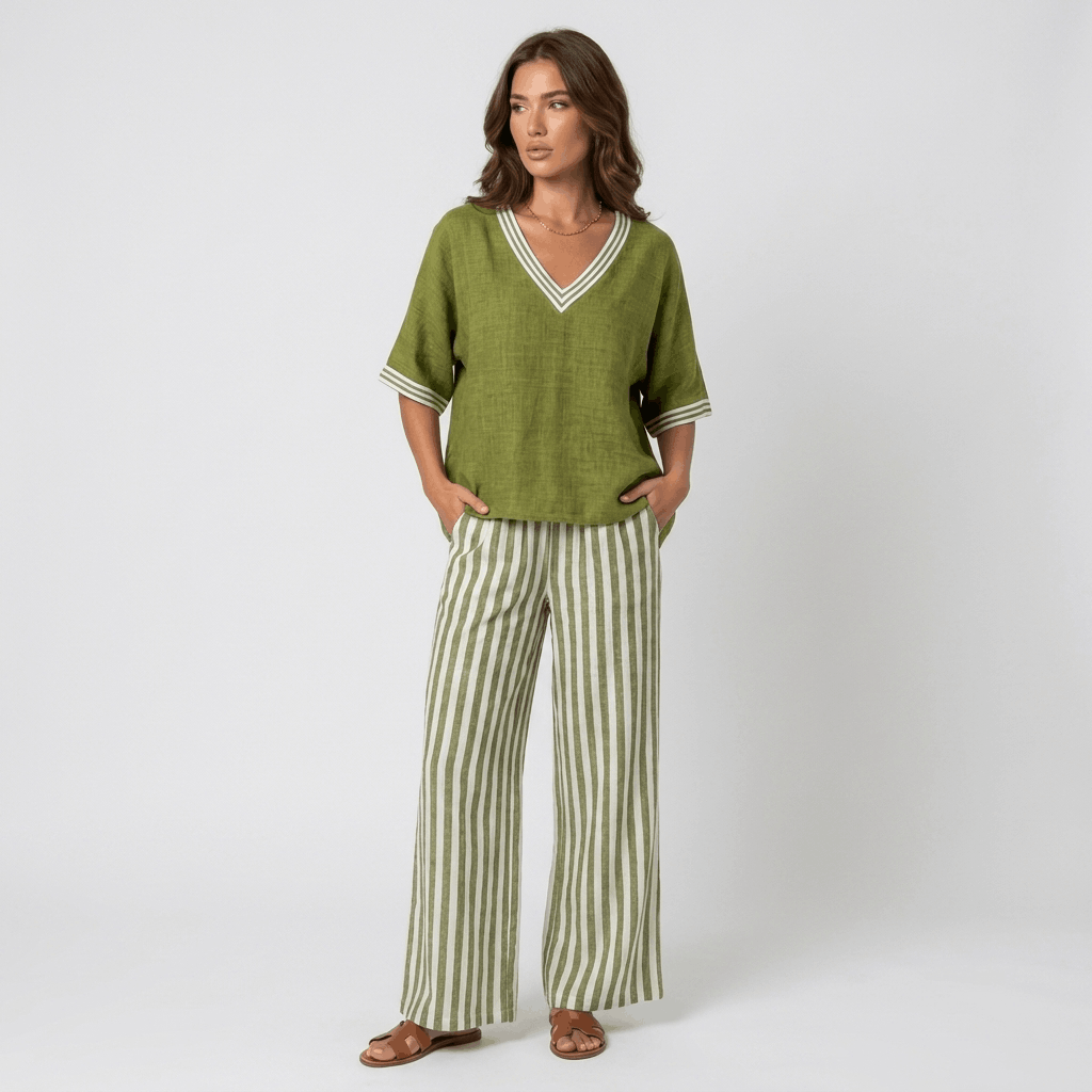 Alira Cotton Linen Matching Set – Striped Relaxed Wide-Leg Summer Co-Ord