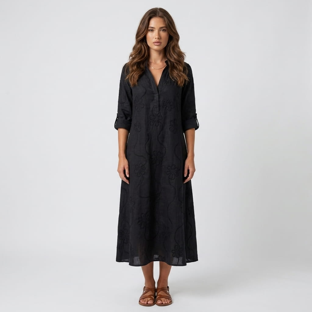 Marga Cotton Linen Blend Midi Dress – Bohemian Embroidered Everyday Summer Dress