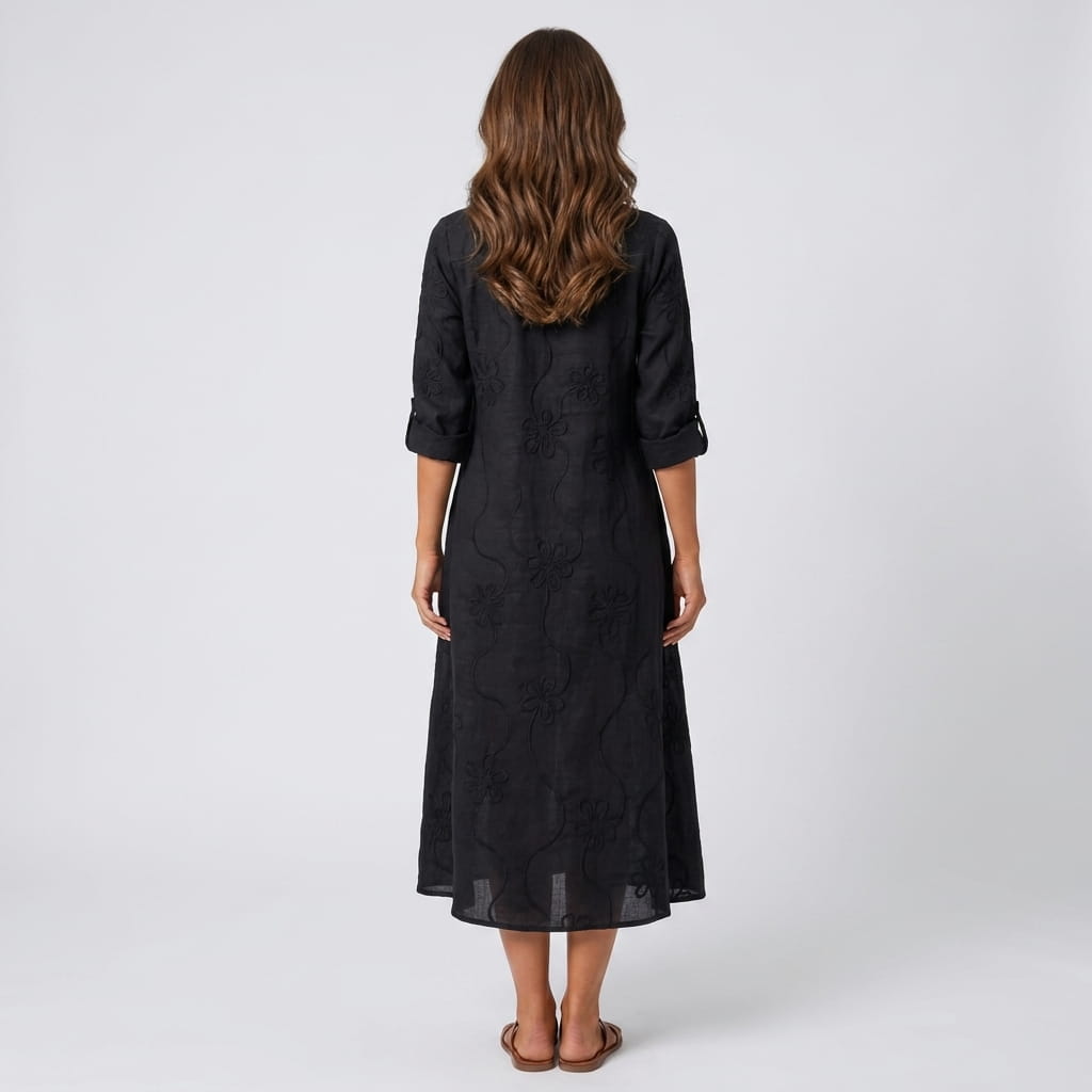Marga Cotton Linen Blend Midi Dress – Bohemian Embroidered Everyday Summer Dress