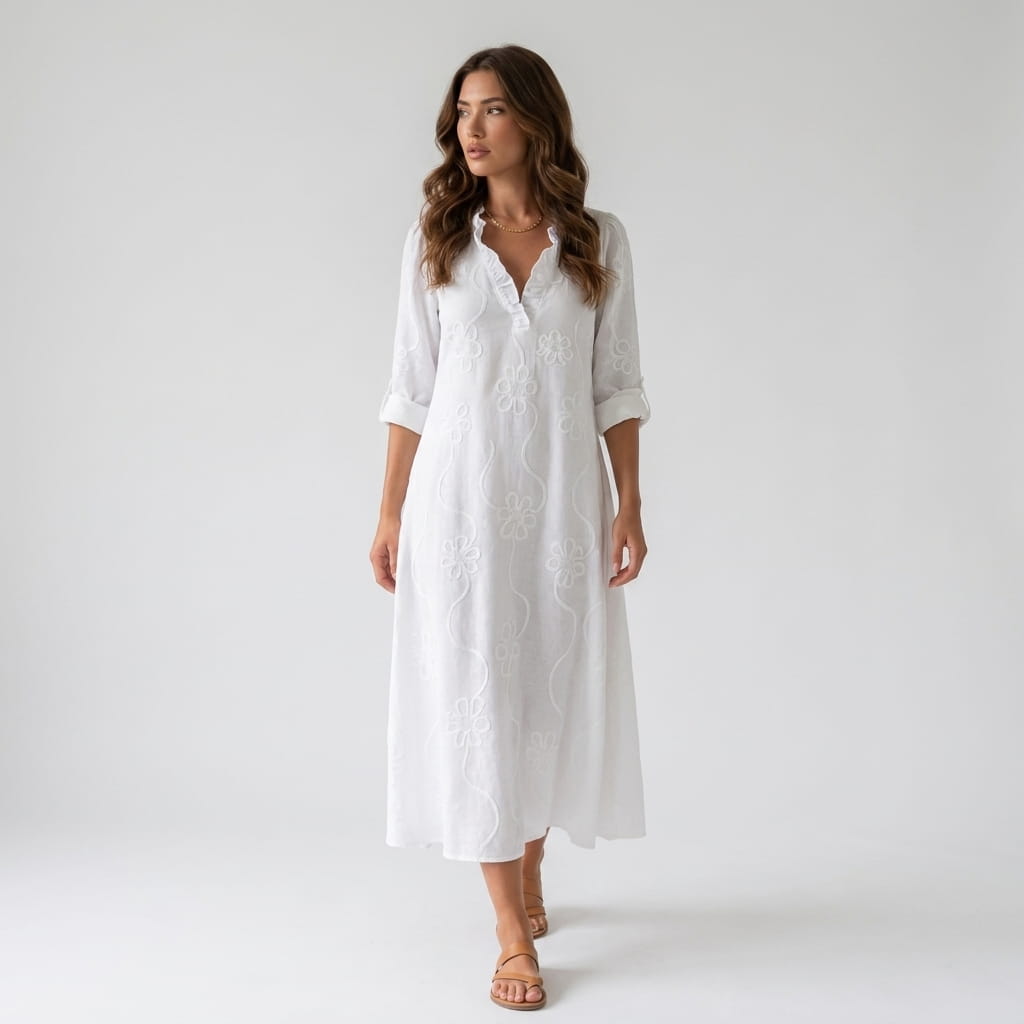 Marga Cotton Linen Blend Midi Dress – Bohemian Embroidered Everyday Summer Dress