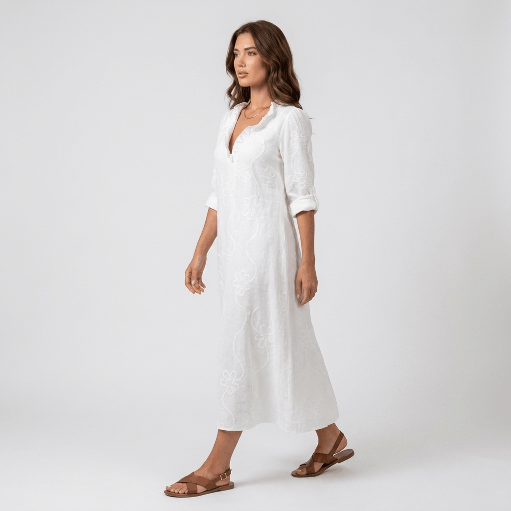 Marga Cotton Linen Blend Midi Dress – Bohemian Embroidered Everyday Summer Dress