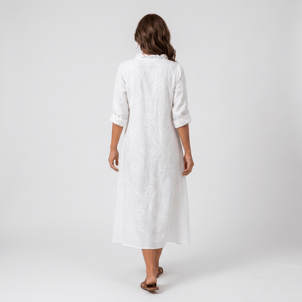 Marga Cotton Linen Blend Midi Dress – Bohemian Embroidered Everyday Summer Dress