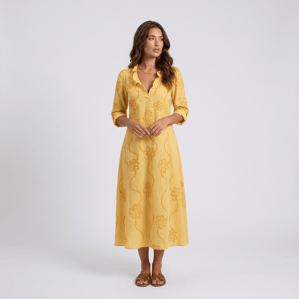 Marga Cotton Linen Blend Midi Dress – Bohemian Embroidered Everyday Summer Dress