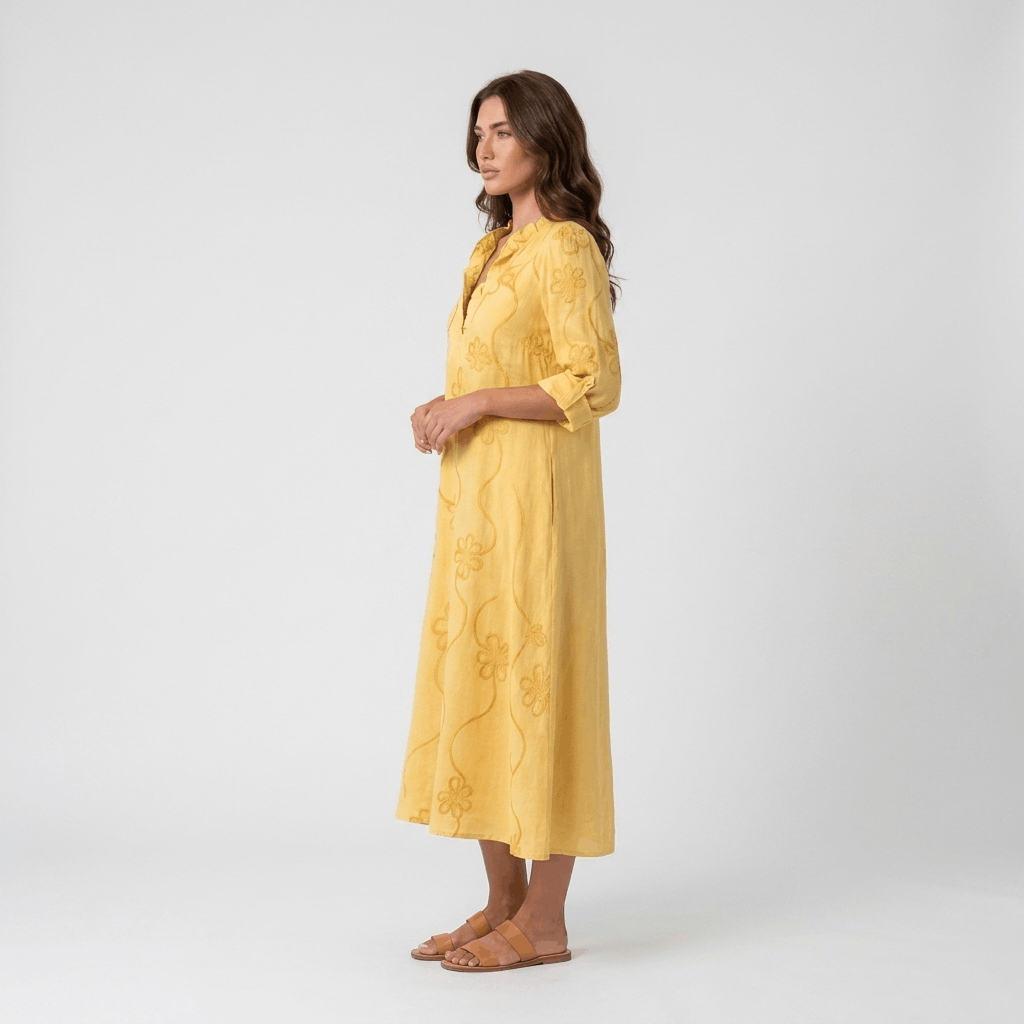 Marga Cotton Linen Blend Midi Dress – Bohemian Embroidered Everyday Summer Dress