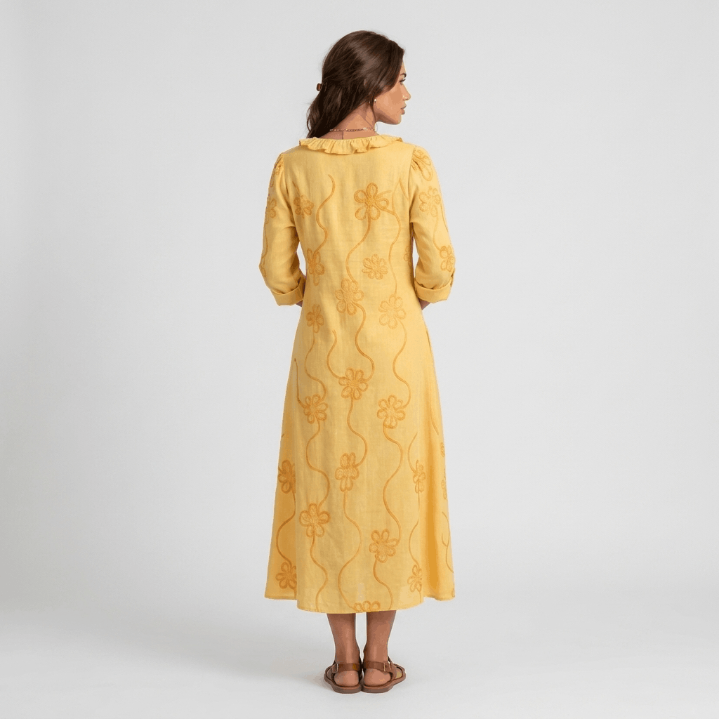 Marga Cotton Linen Blend Midi Dress – Bohemian Embroidered Everyday Summer Dress