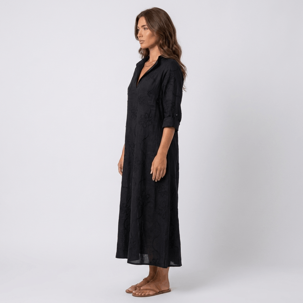 Marga Cotton Linen Blend Midi Dress – Bohemian Embroidered Everyday Summer Dress