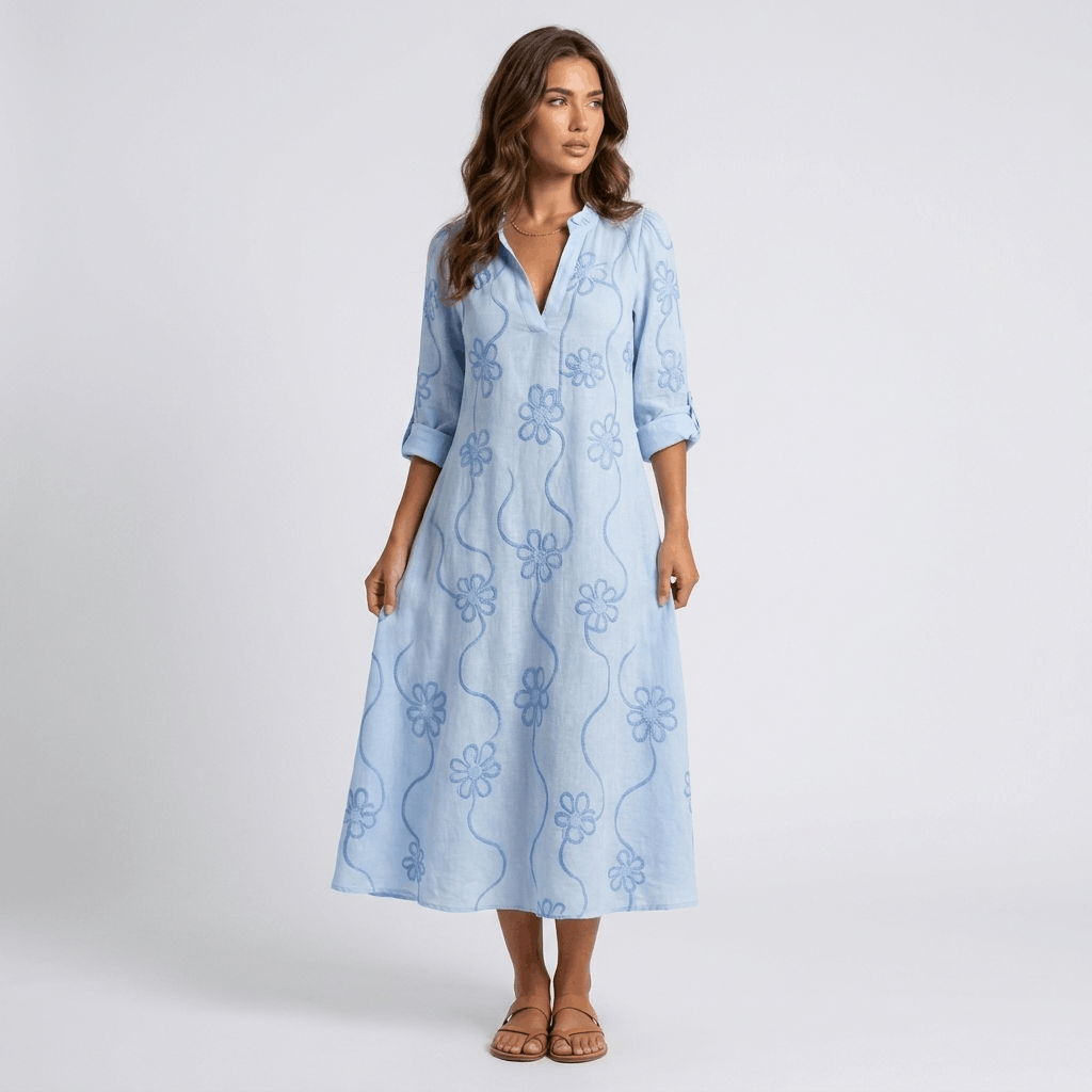 Marga Cotton Linen Blend Midi Dress – Bohemian Embroidered Everyday Summer Dress