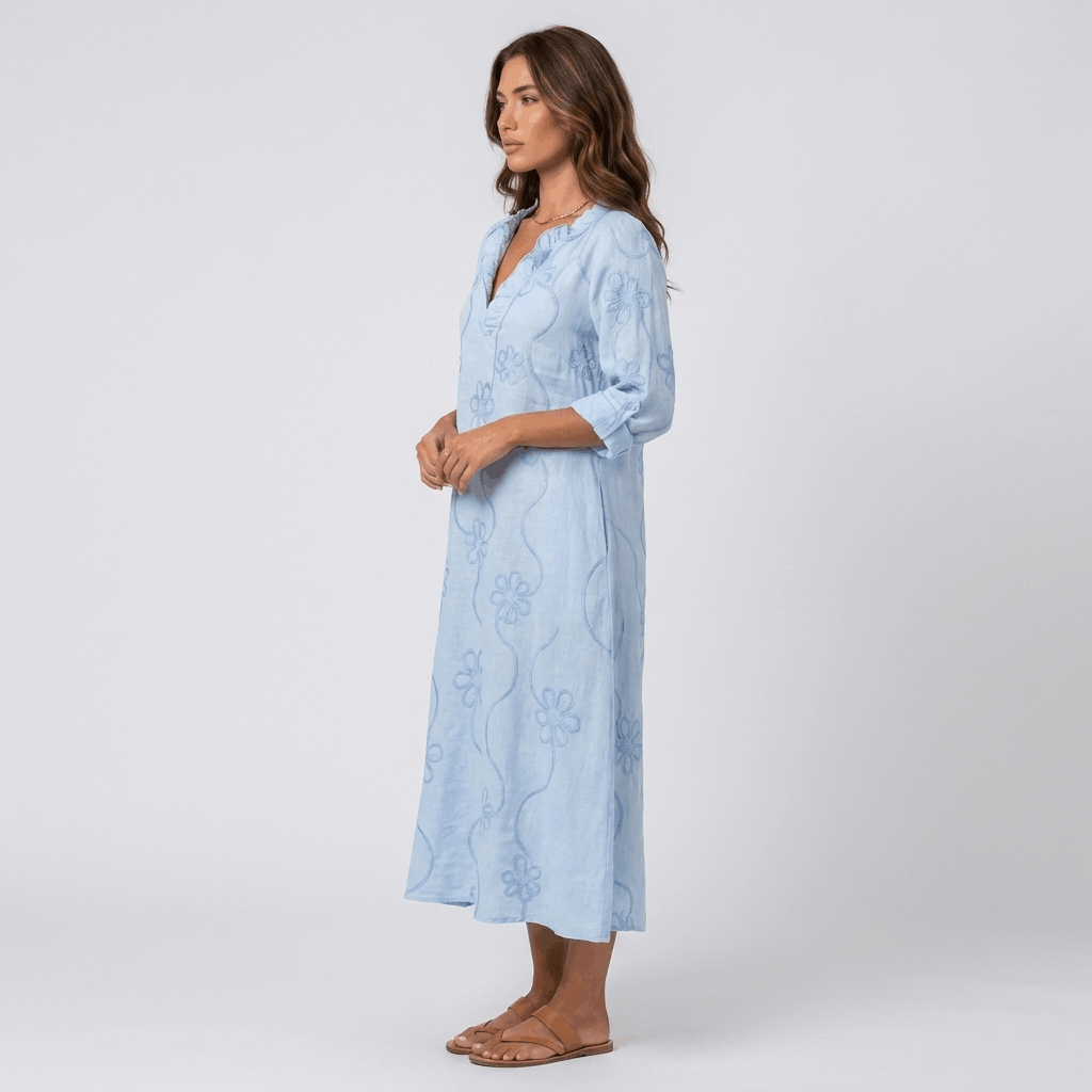 Marga Cotton Linen Blend Midi Dress – Bohemian Embroidered Everyday Summer Dress