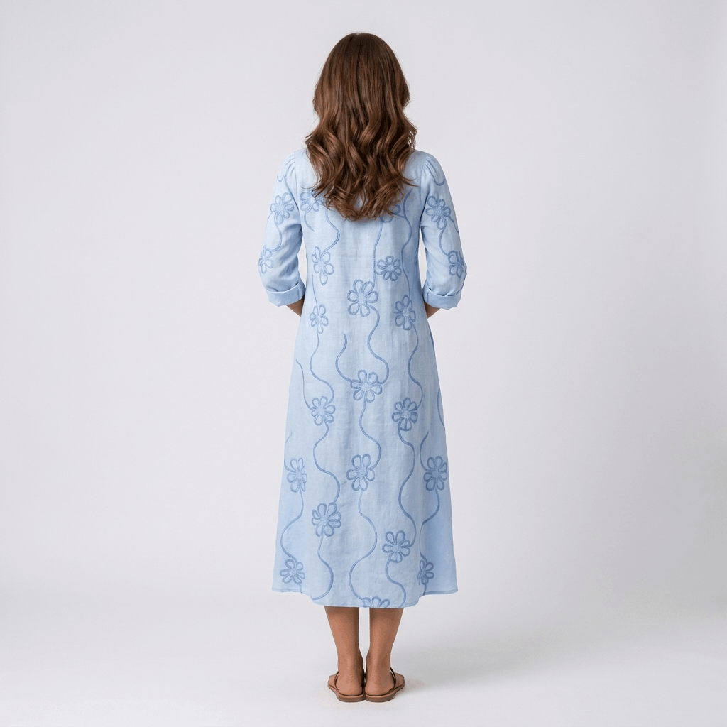 Marga Cotton Linen Blend Midi Dress – Bohemian Embroidered Everyday Summer Dress