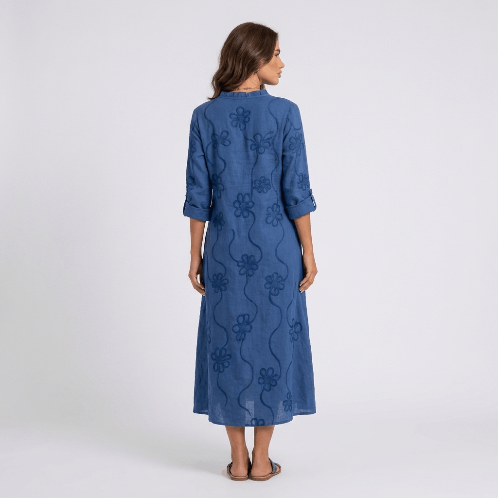 Marga Cotton Linen Blend Midi Dress – Bohemian Embroidered Everyday Summer Dress